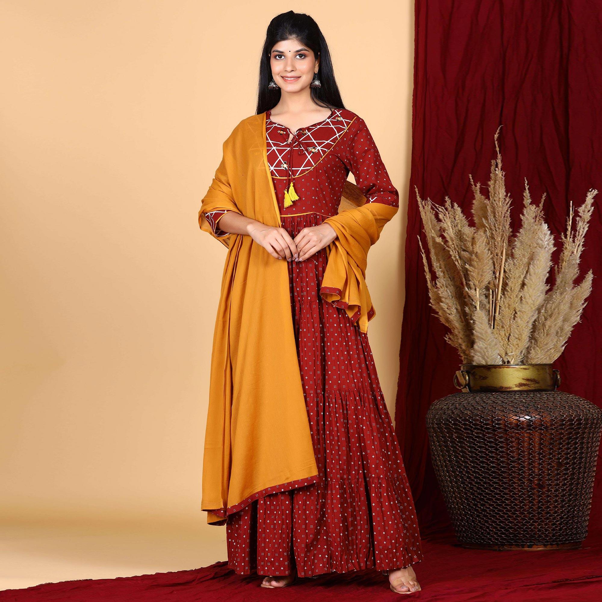 Maroon Casual Wear Printed Cotton Gown With Dupatta - Peachmode