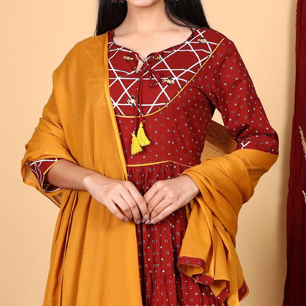 Maroon Casual Wear Printed Cotton Gown With Dupatta - Peachmode
