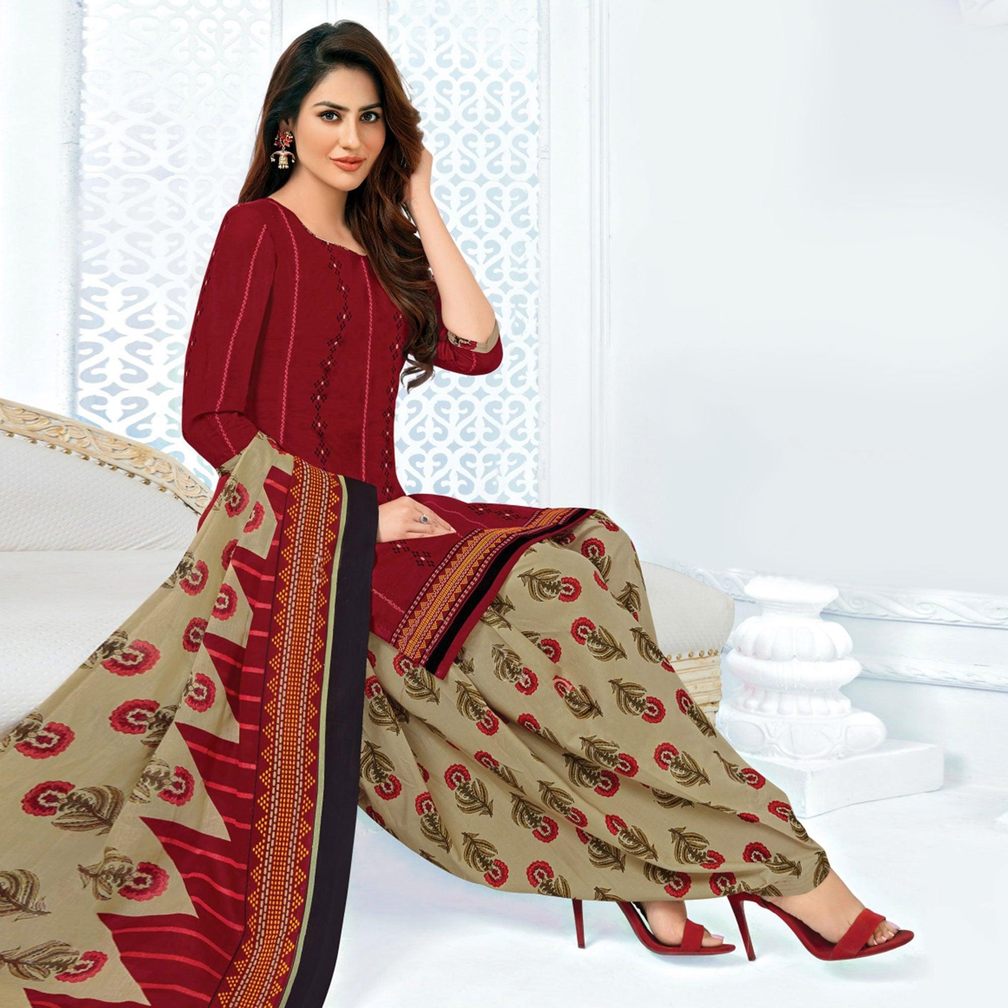 Maroon Casual Wear Printed Cotton Patiala Dress Material - Peachmode