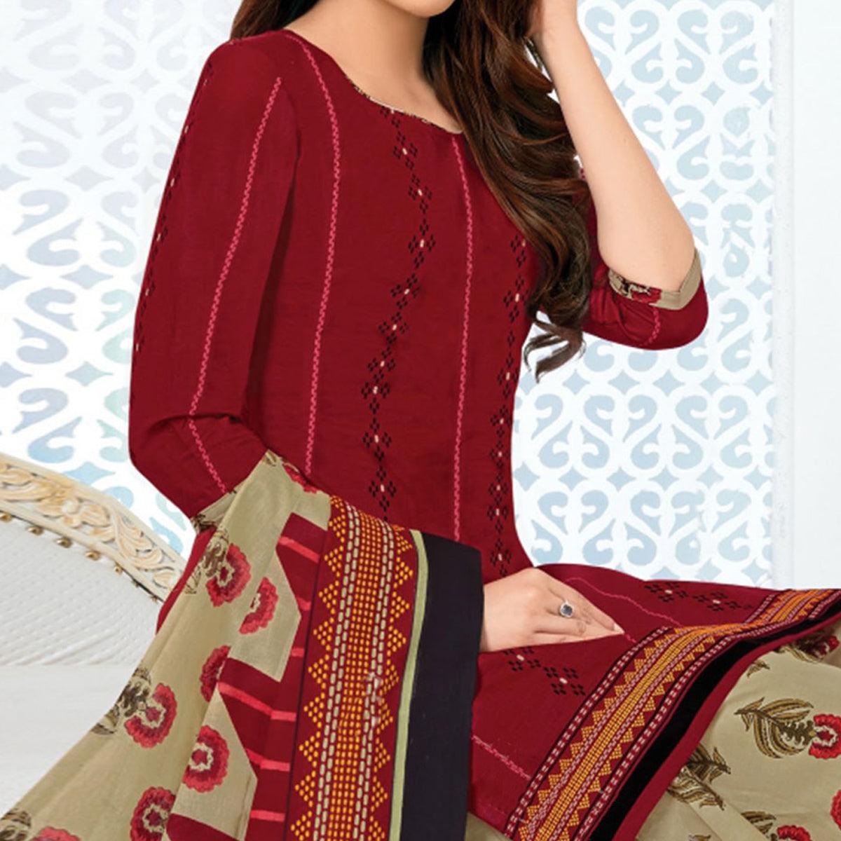 Maroon Casual Wear Printed Cotton Patiala Dress Material - Peachmode