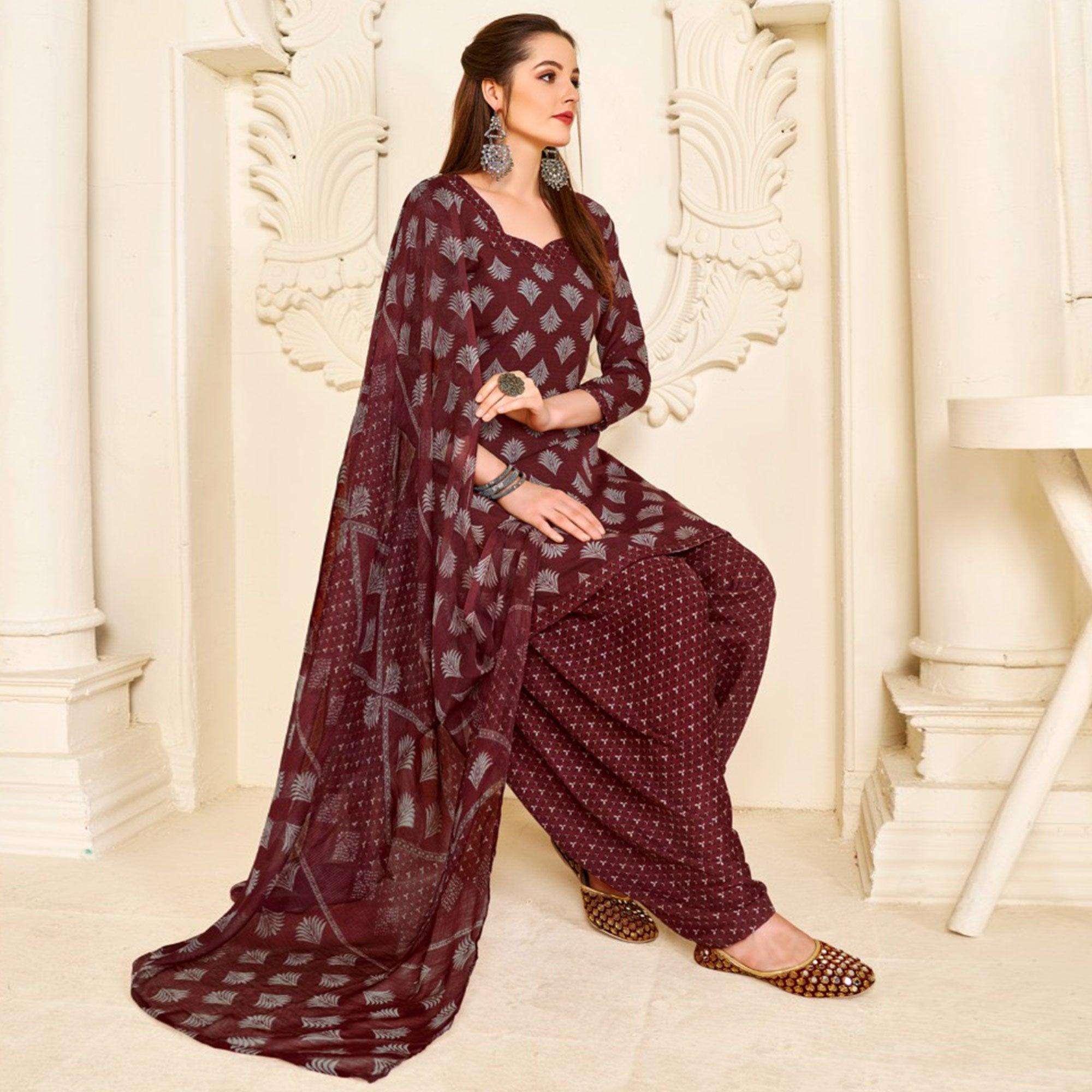 Maroon Casual Wear Printed Cotton Patiala Suit - Peachmode