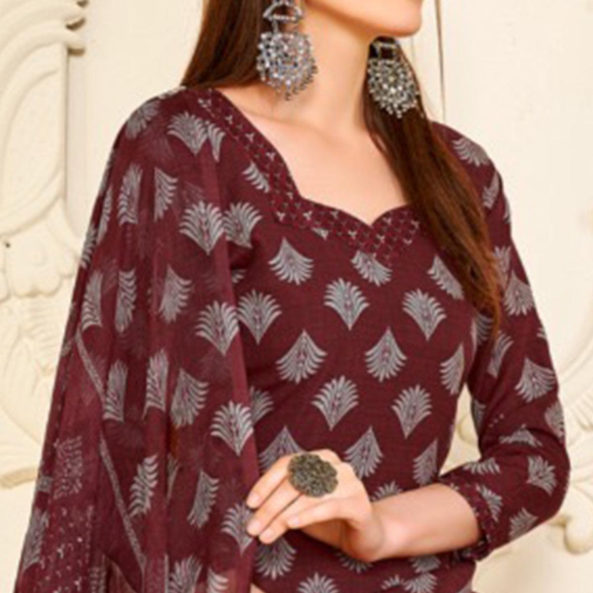 Maroon Casual Wear Printed Cotton Patiala Suit - Peachmode