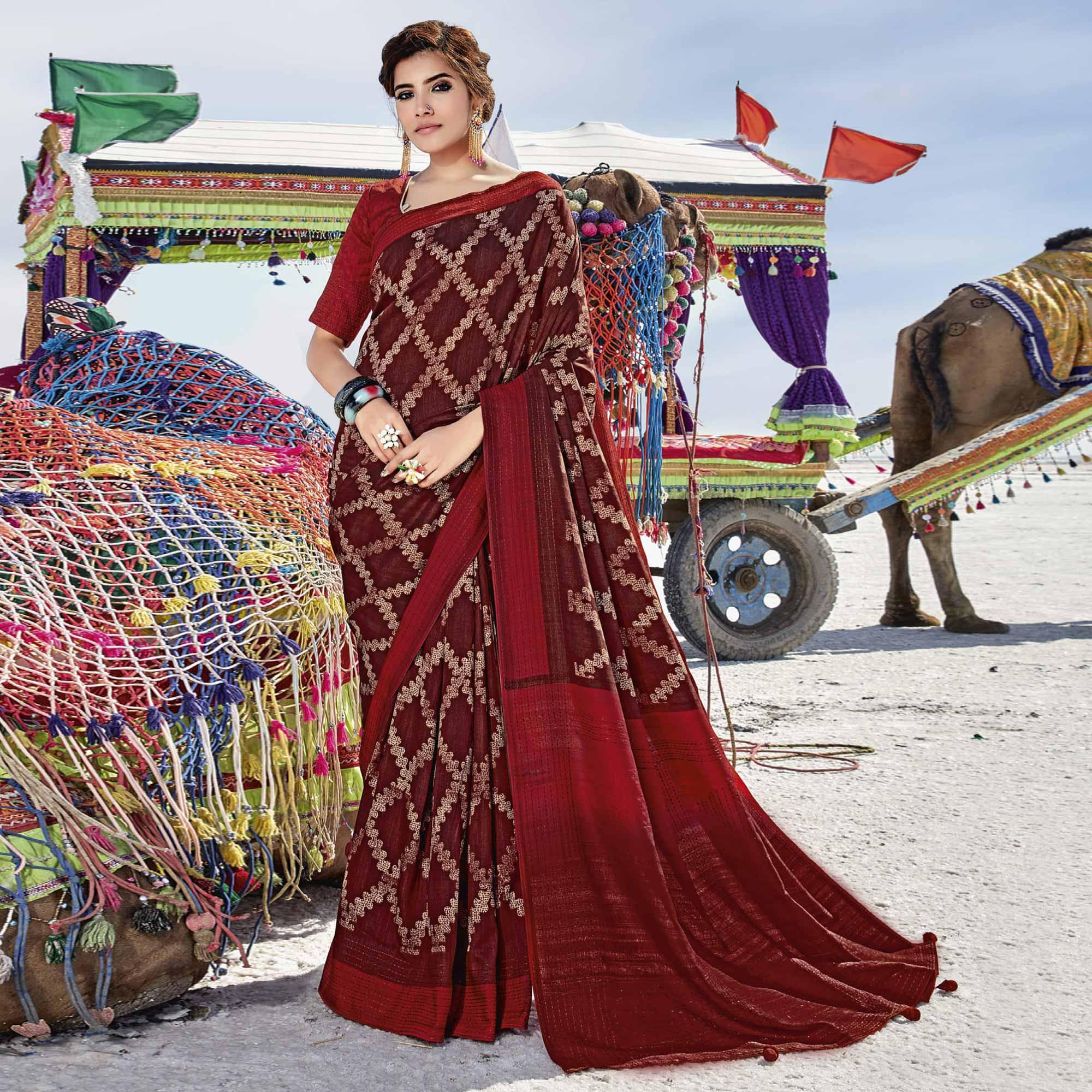 Maroon Casual Wear Printed Cotton Silk Saree - Peachmode