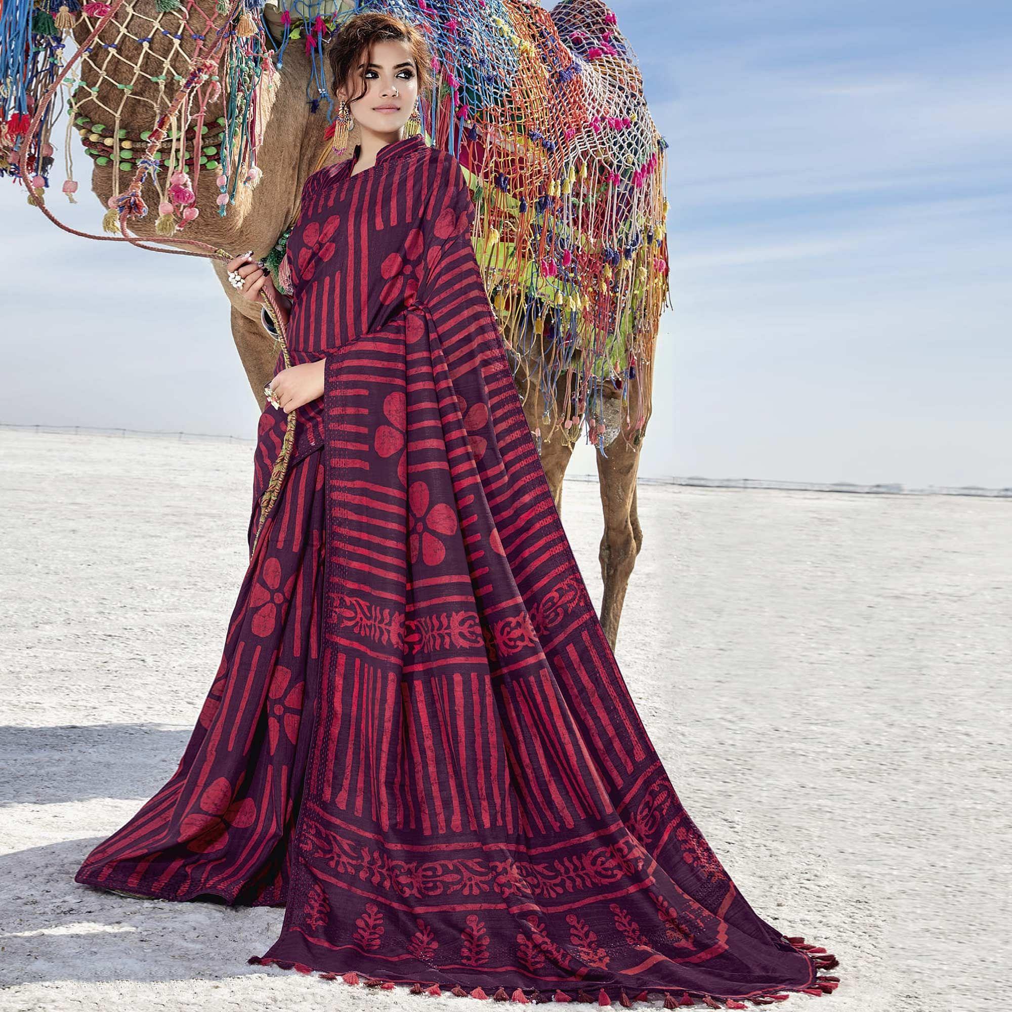 Maroon Casual Wear Printed Cotton Silk Saree - Peachmode