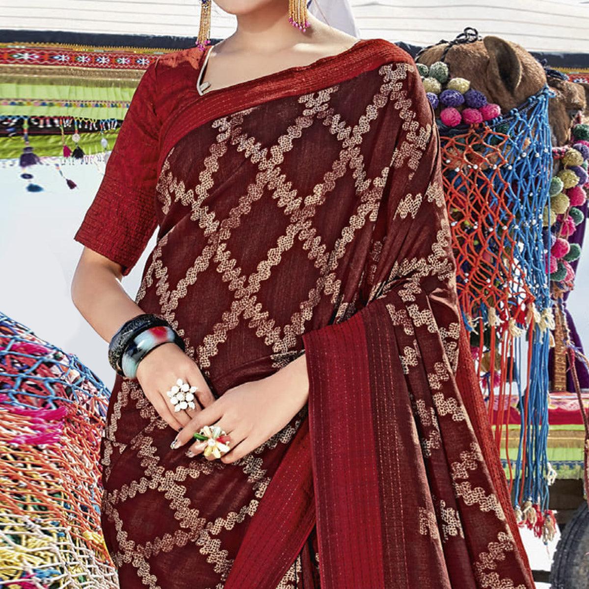 Maroon Casual Wear Printed Cotton Silk Saree - Peachmode