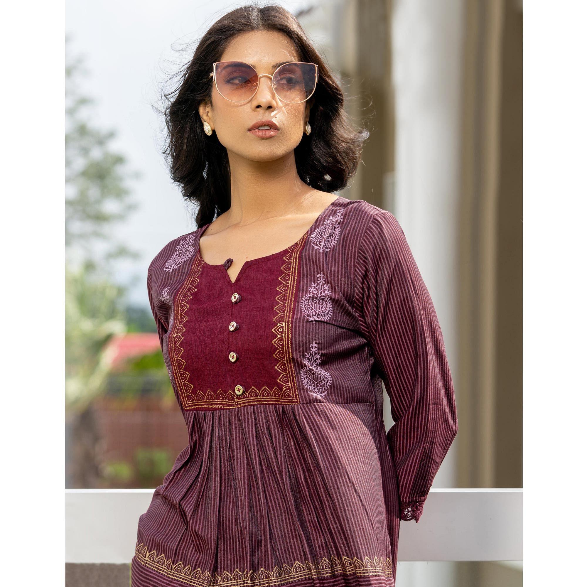 Maroon Casual Wear Printed Cotton Top - Peachmode