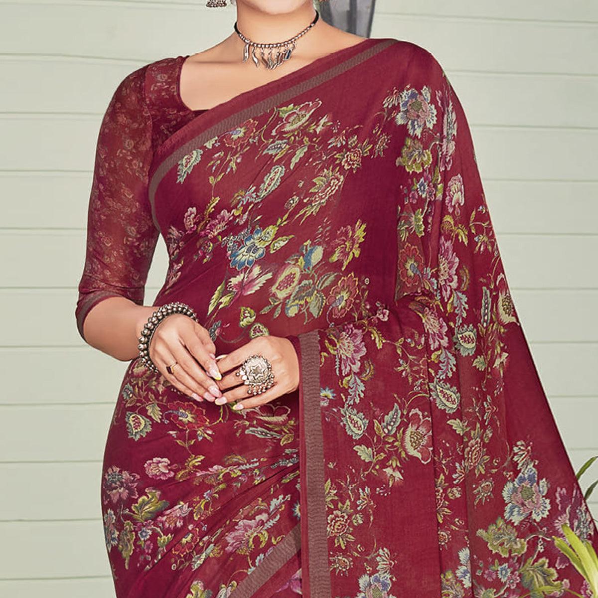 Maroon Casual Wear Printed Crepe Saree - Peachmode