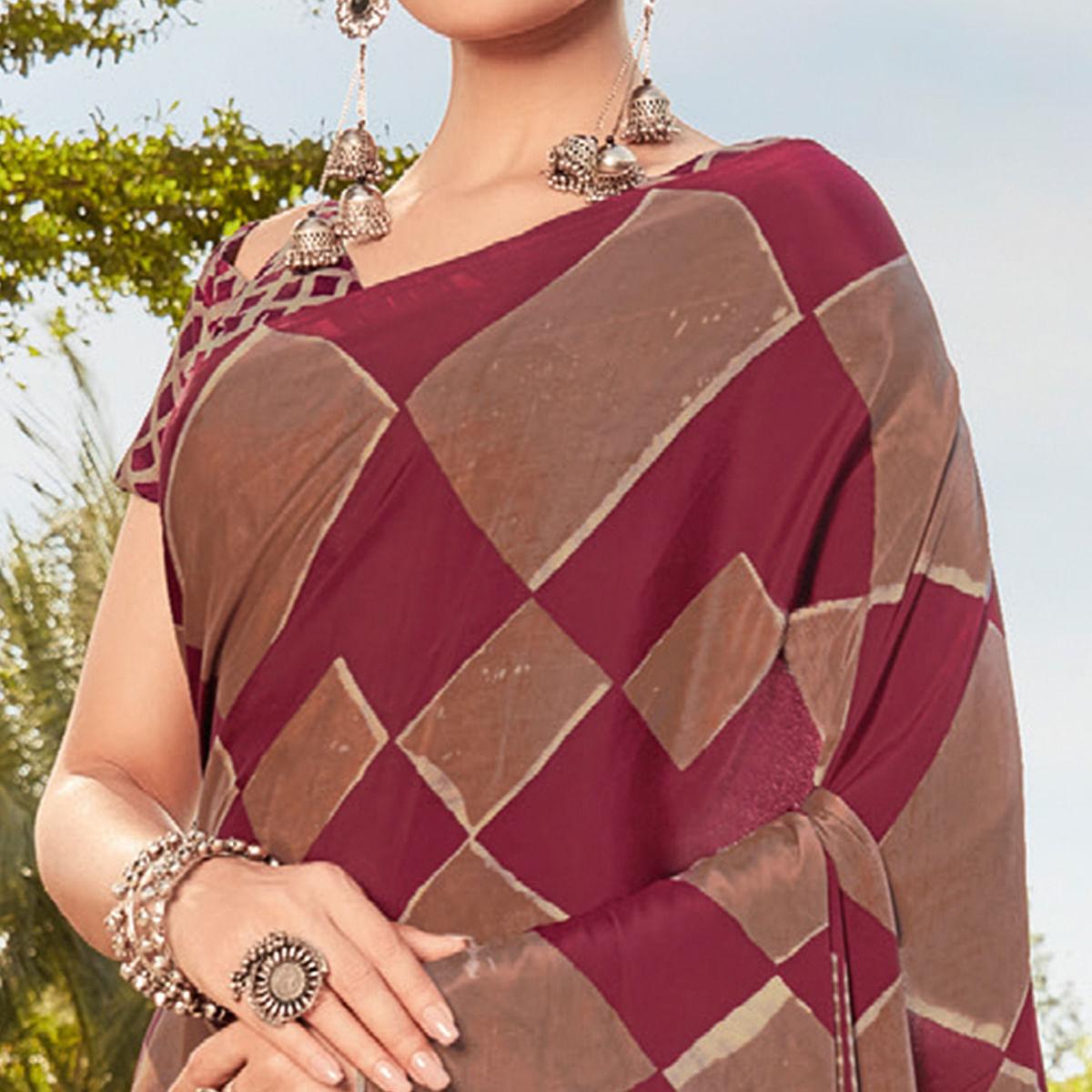 Maroon Casual Wear Printed Crepe Saree - Peachmode