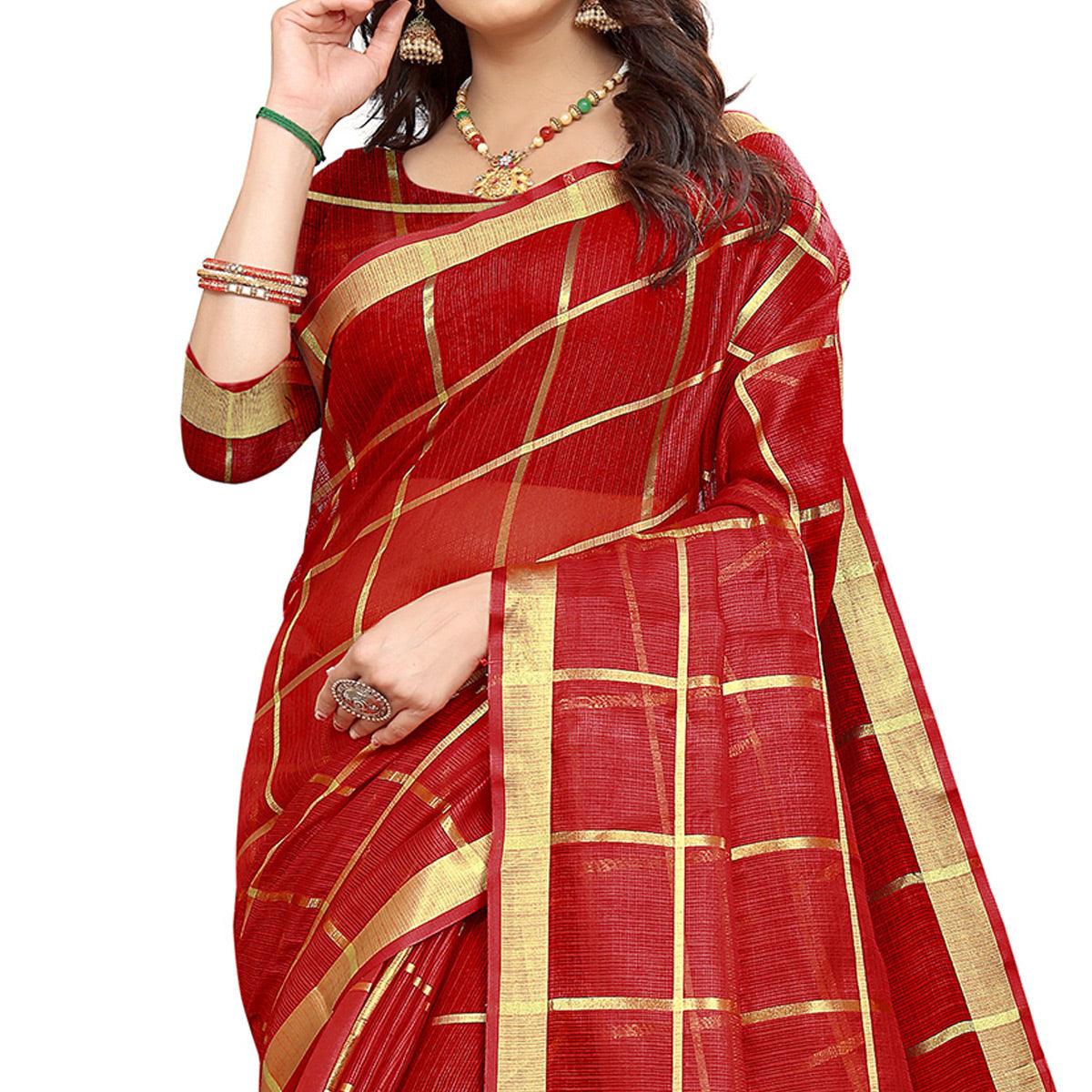Maroon Casual Wear Printed Doriya Cotton Saree - Peachmode