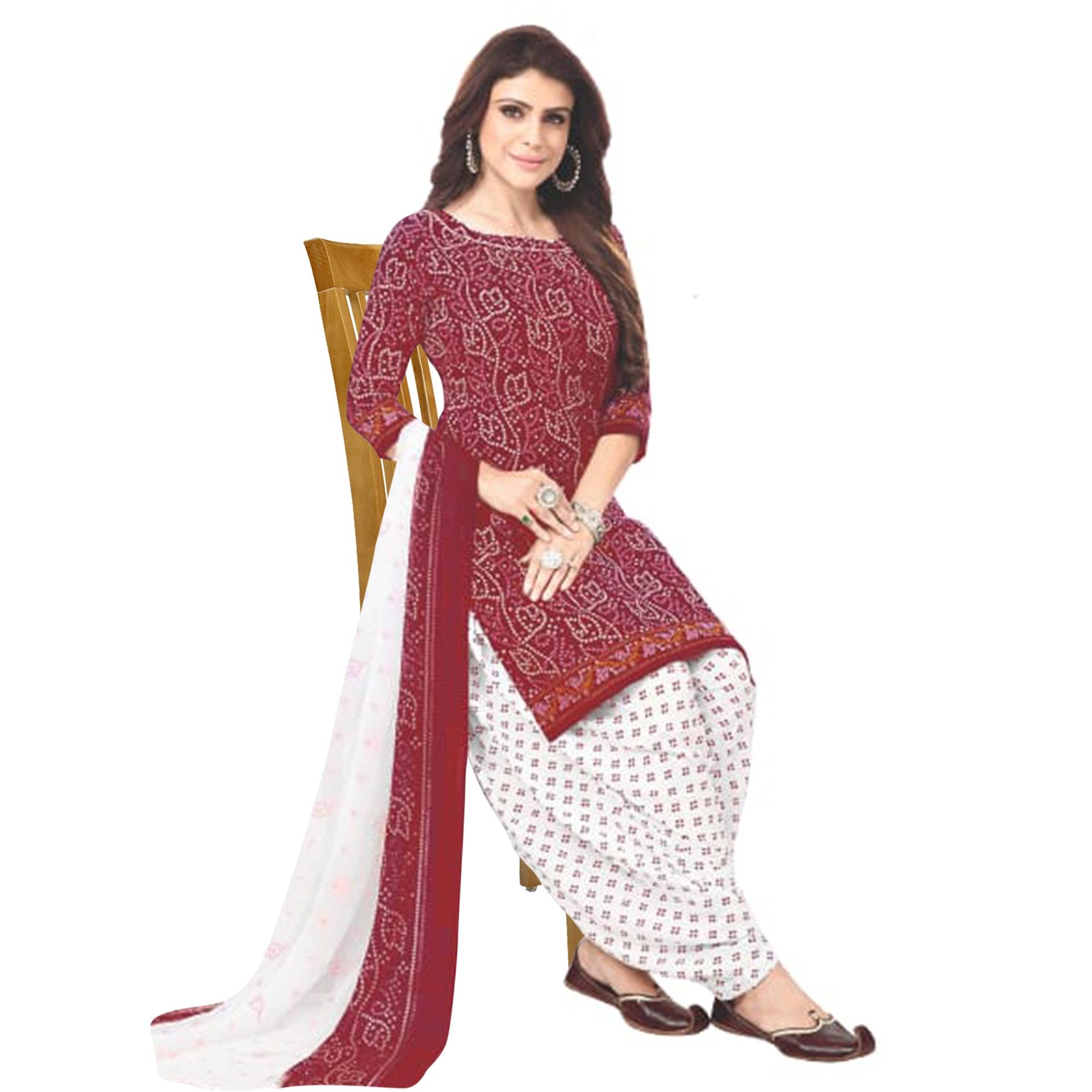 Maroon Casual Wear Printed Leon Patiala Dress Material - Peachmode