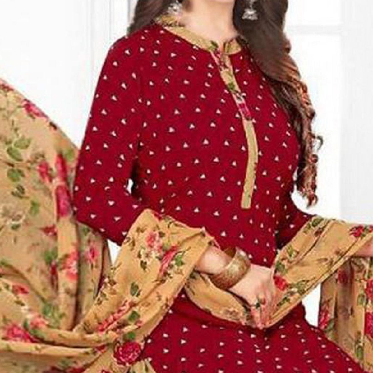 Maroon Casual Wear Printed Leon Patiala Dress Material - Peachmode
