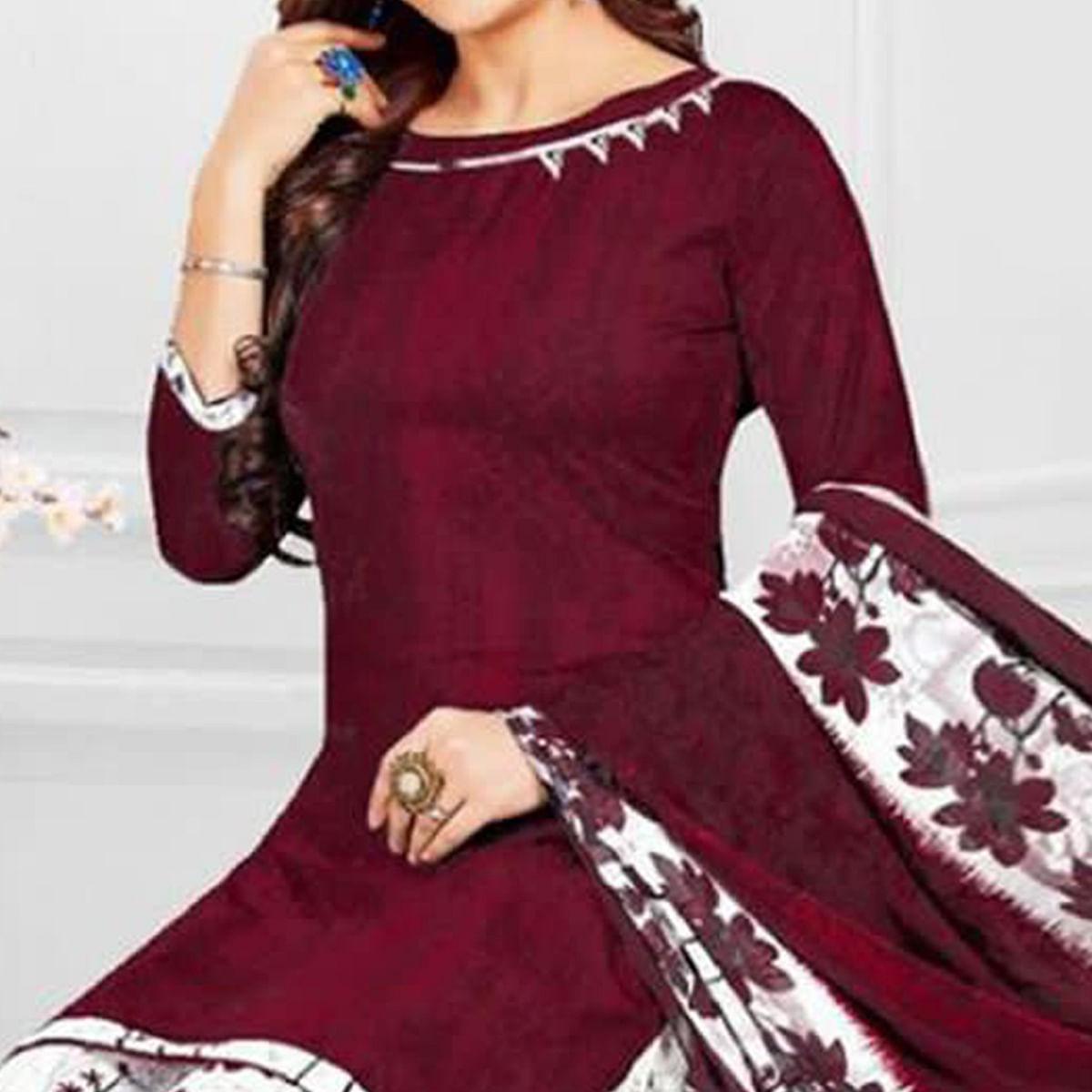Maroon Casual Wear Printed Leon Patiala Dress Material - Peachmode