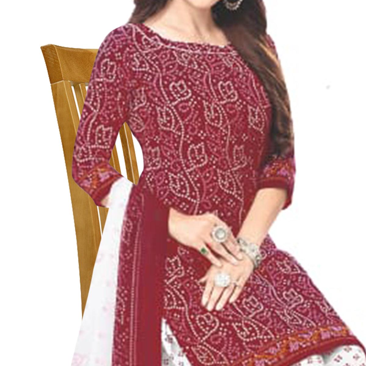 Maroon Casual Wear Printed Leon Patiala Dress Material - Peachmode