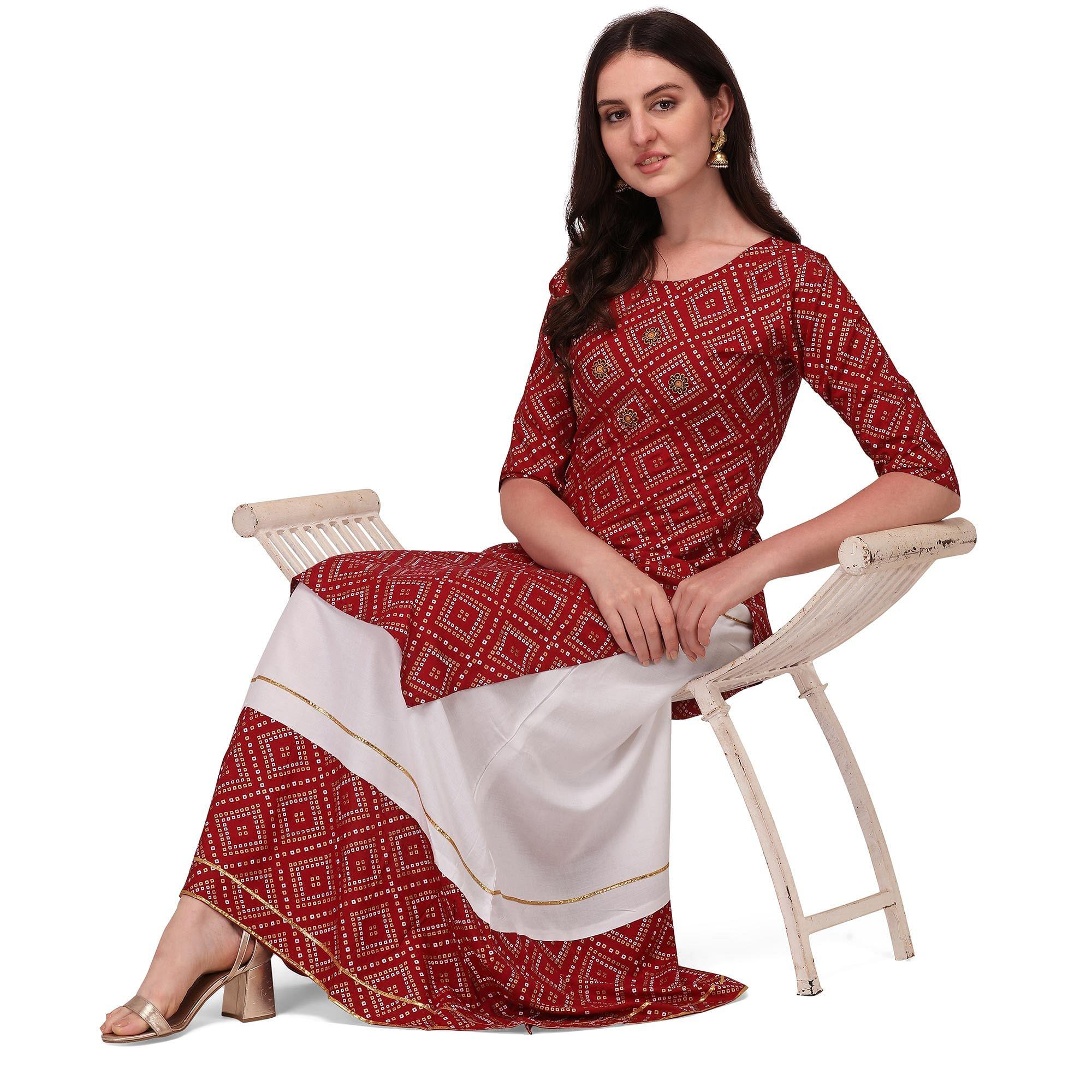 Maroon Casual Wear Printed Rayon Kurti - Skirt Set - Peachmode