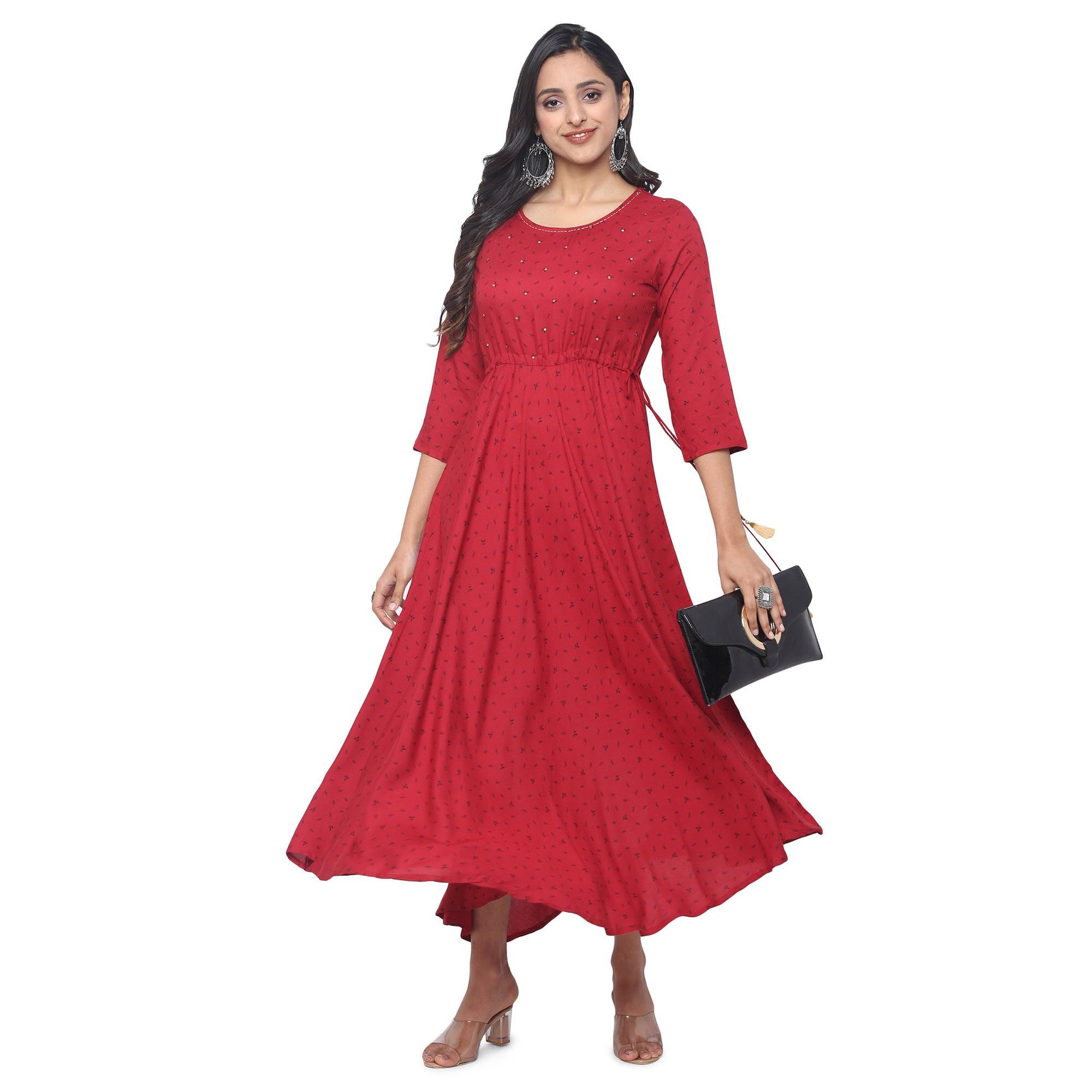 Maroon Casual Wear Printed Rayon Long Kurti - Peachmode