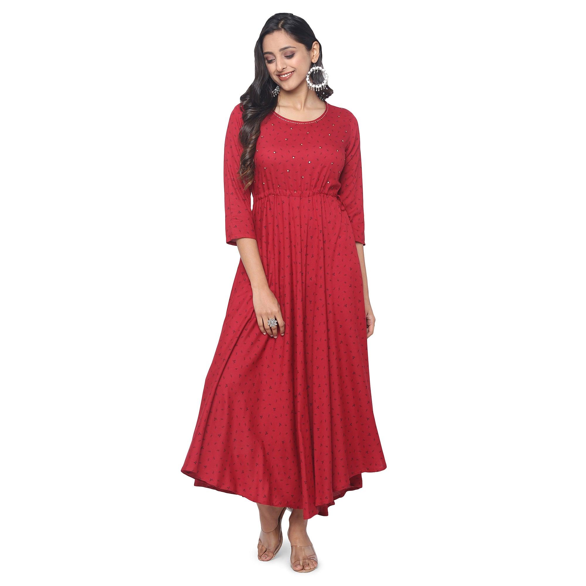 Maroon Casual Wear Printed Rayon Long Kurti - Peachmode