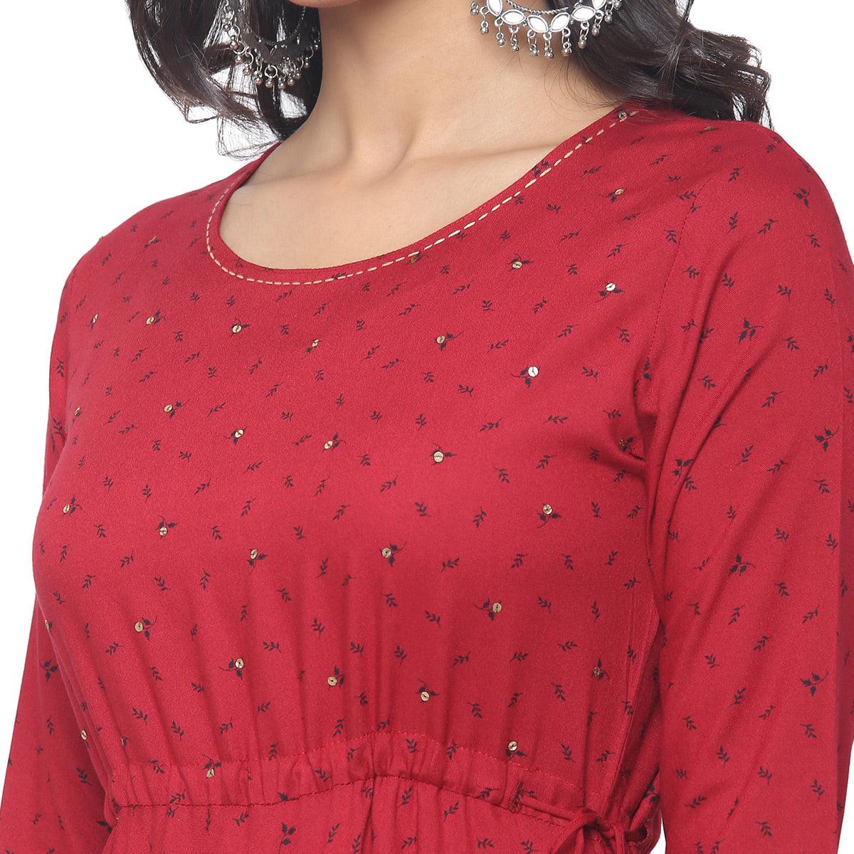 Maroon Casual Wear Printed Rayon Long Kurti - Peachmode