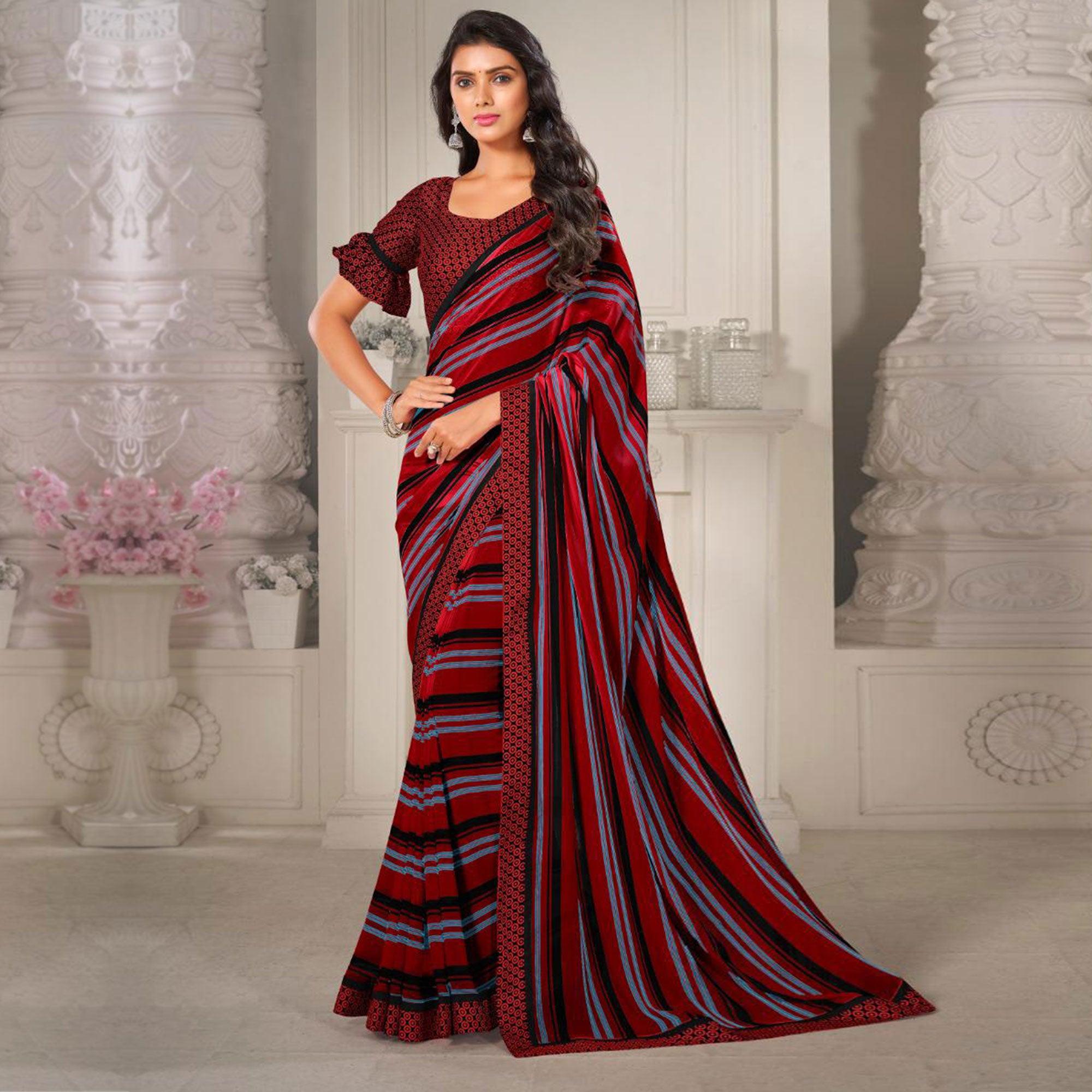Maroon Casual Wear Printed Satin Saree - Peachmode