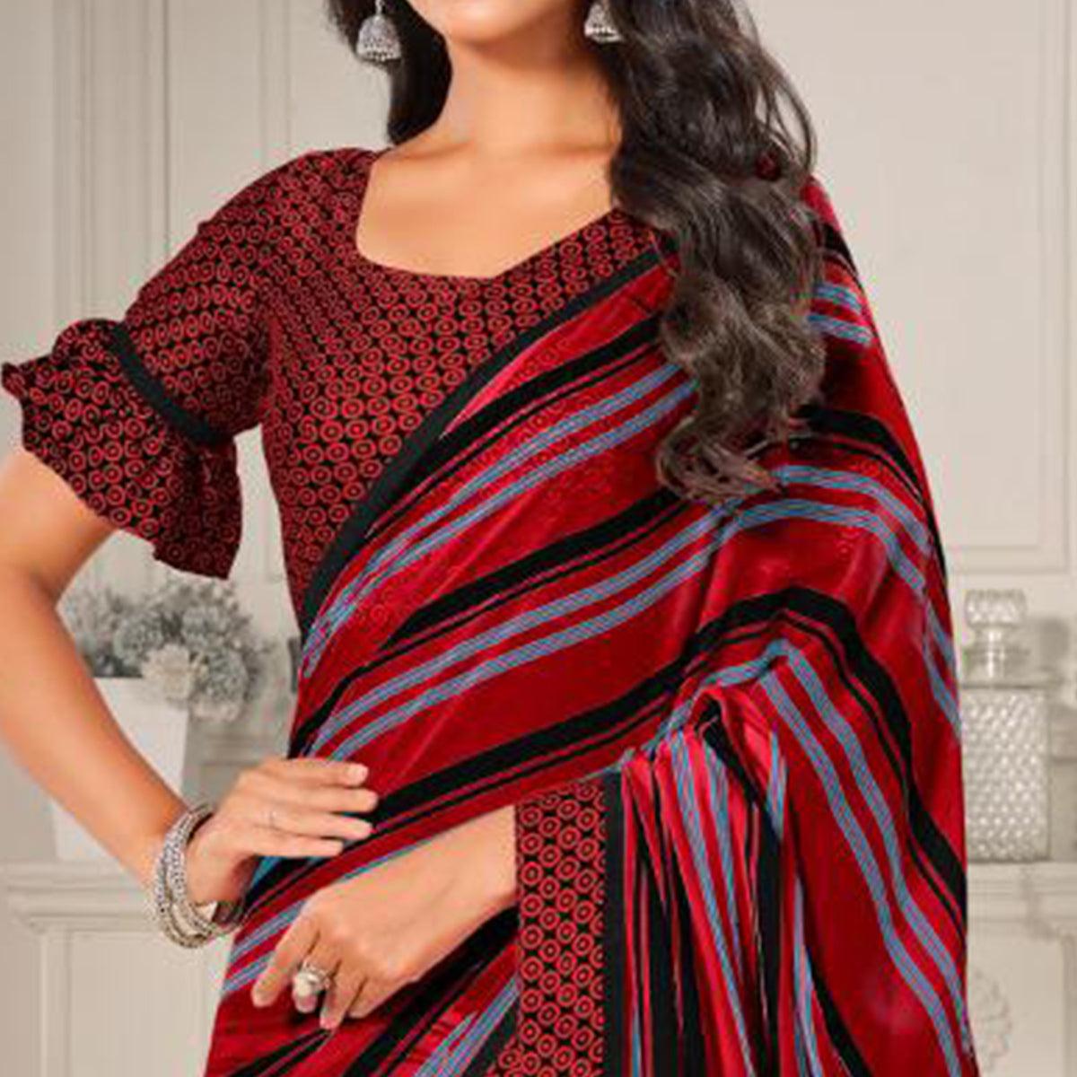 Maroon Casual Wear Printed Satin Saree - Peachmode