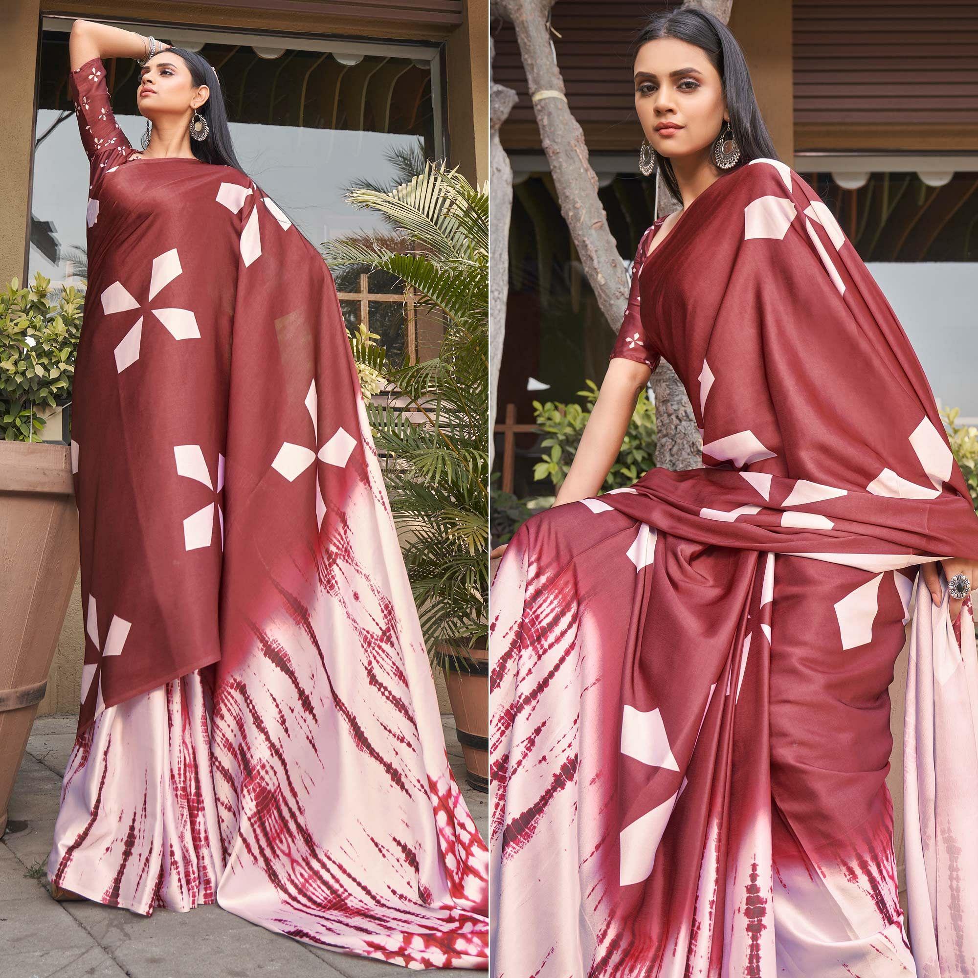 Maroon Casual Wear Printed Satin Silk Saree - Peachmode