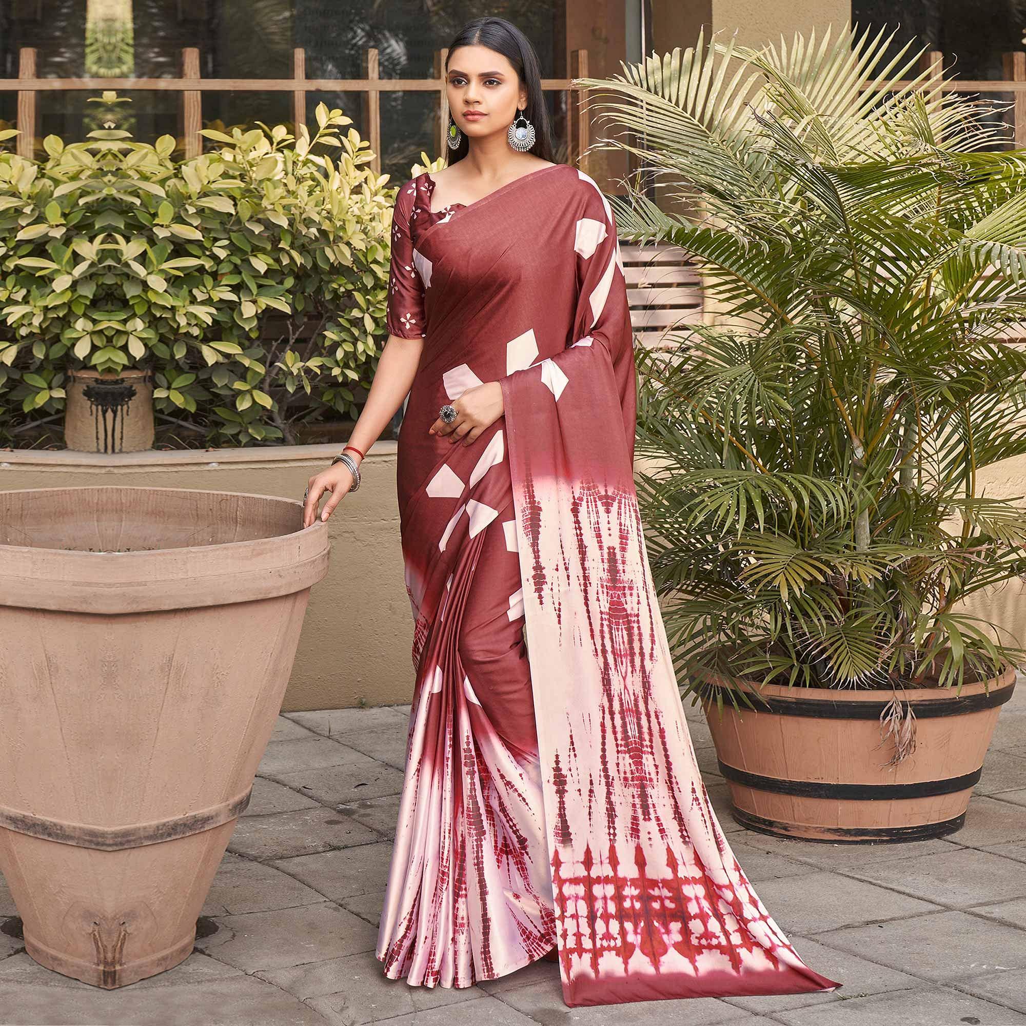 Maroon Casual Wear Printed Satin Silk Saree - Peachmode