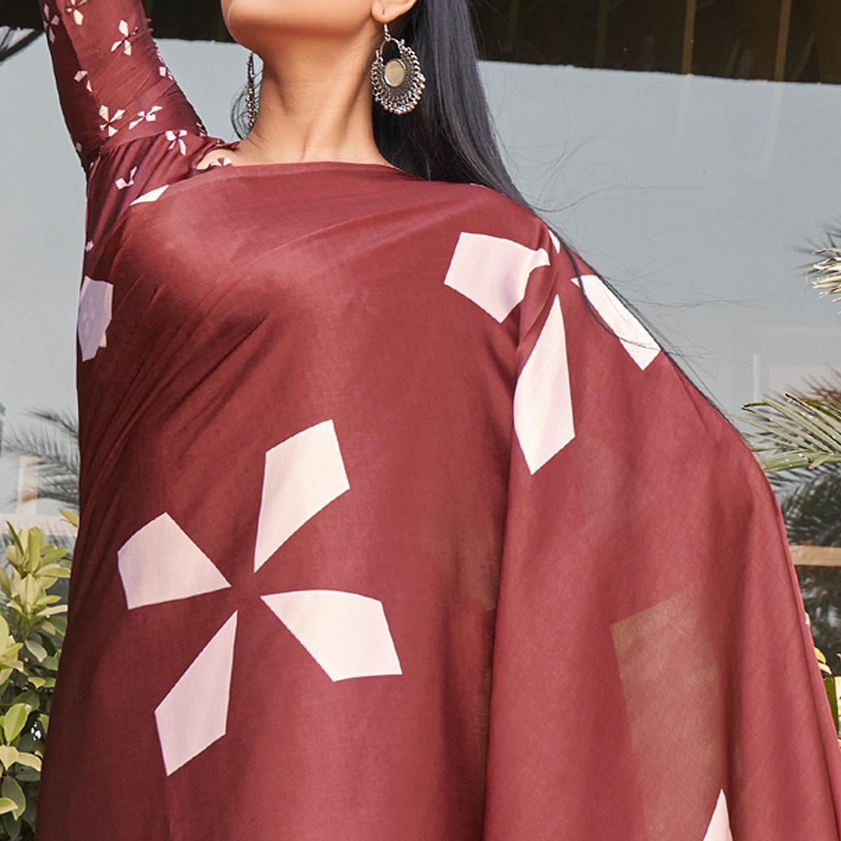 Maroon Casual Wear Printed Satin Silk Saree - Peachmode