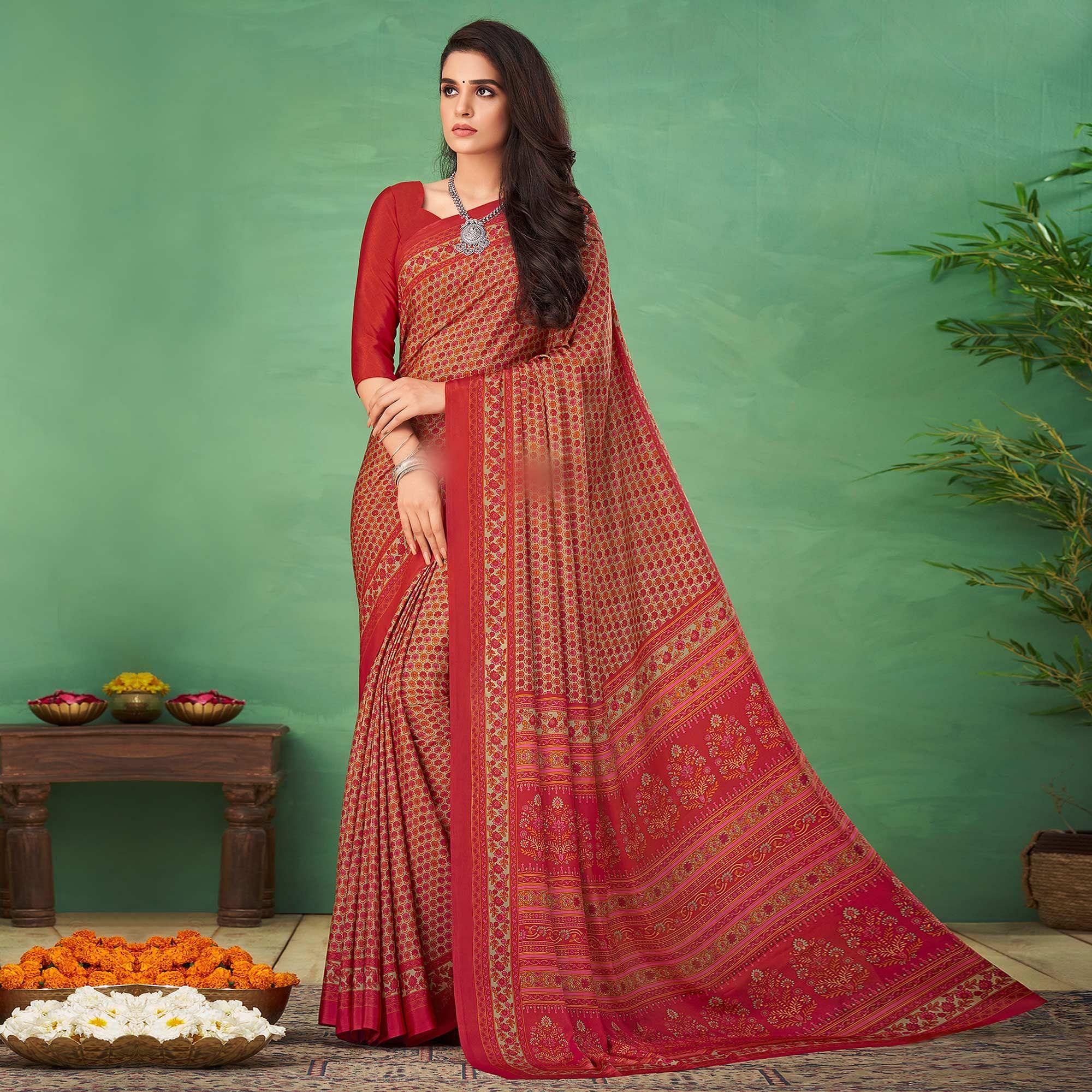 Maroon Casual Wear Printed Silk Saree - Peachmode