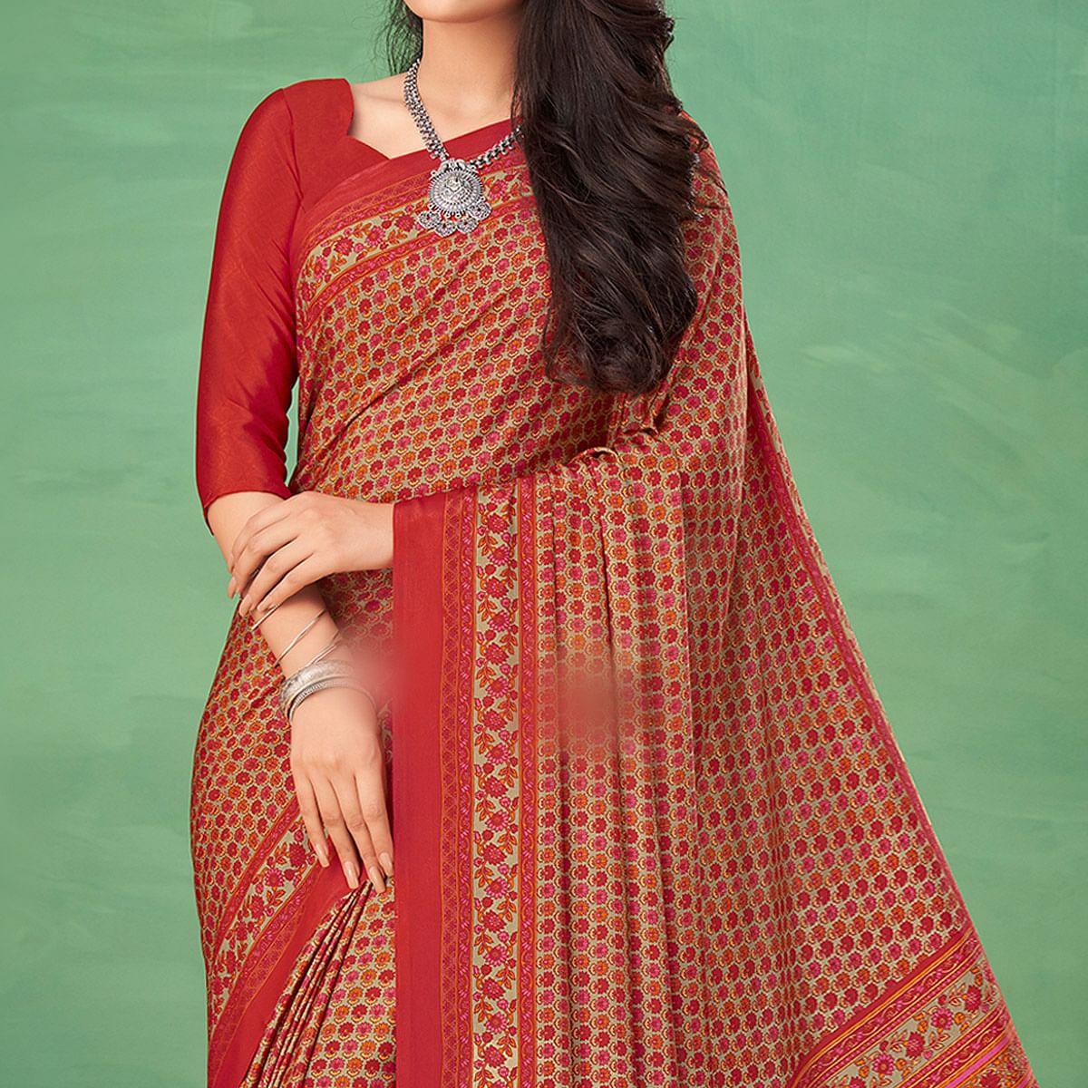 Maroon Casual Wear Printed Silk Saree - Peachmode