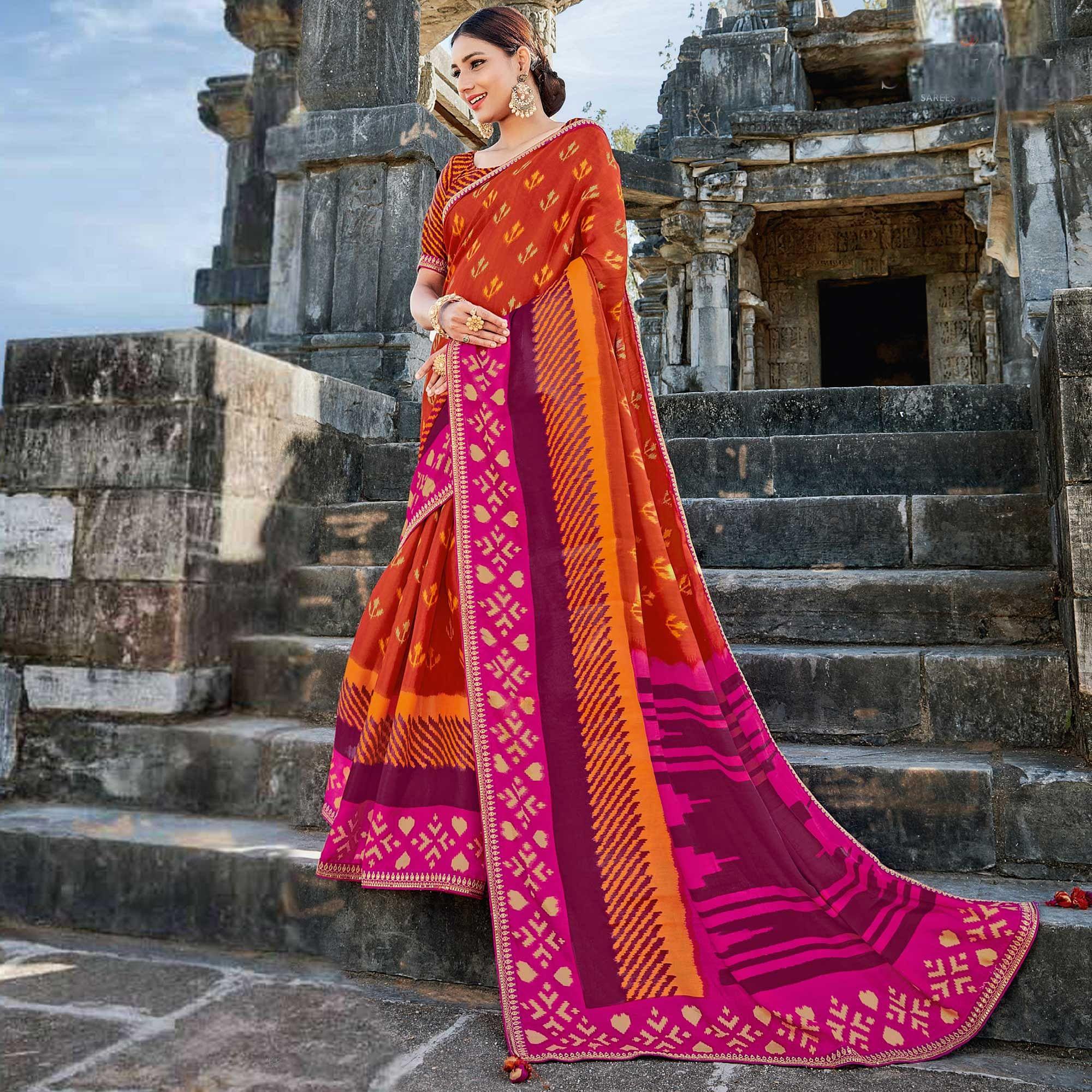 Maroon Casual Wear Printed Tussar Silk Saree - Peachmode