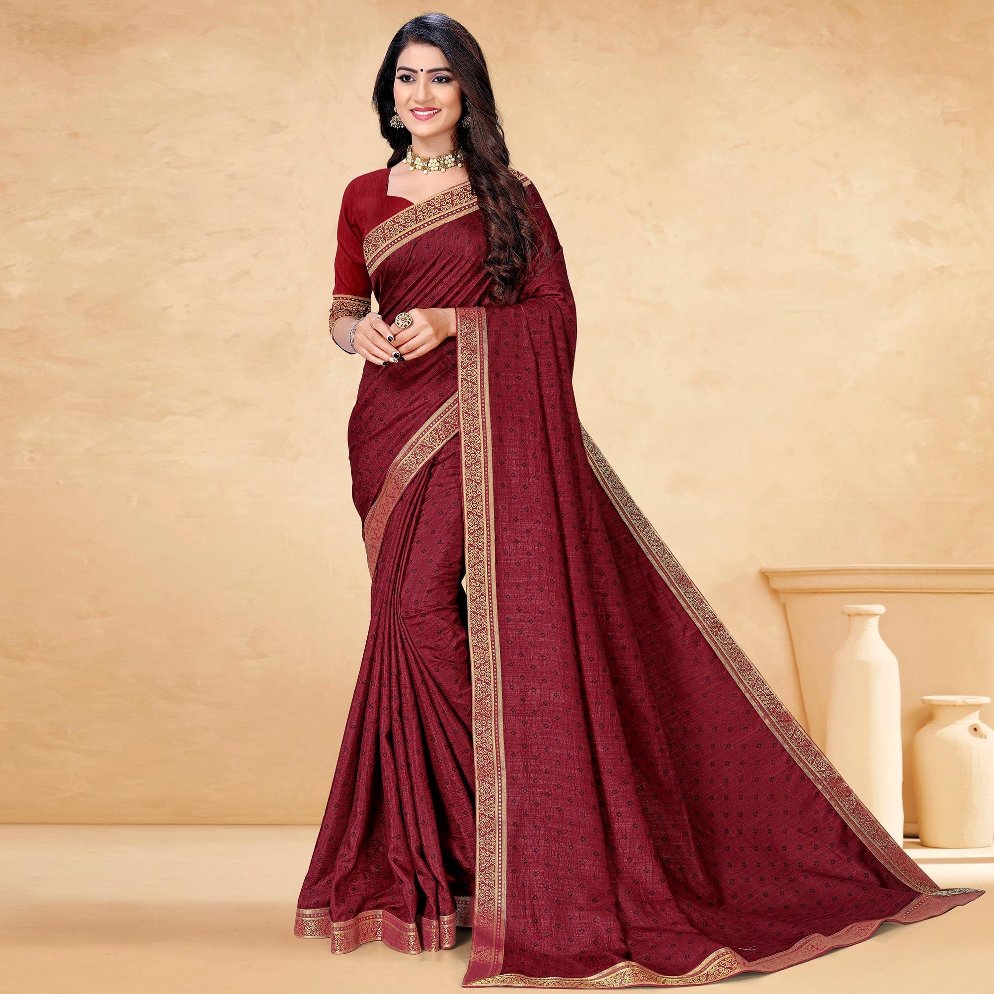 Maroon Casual Wear Printed Vichitra Silk Saree - Peachmode