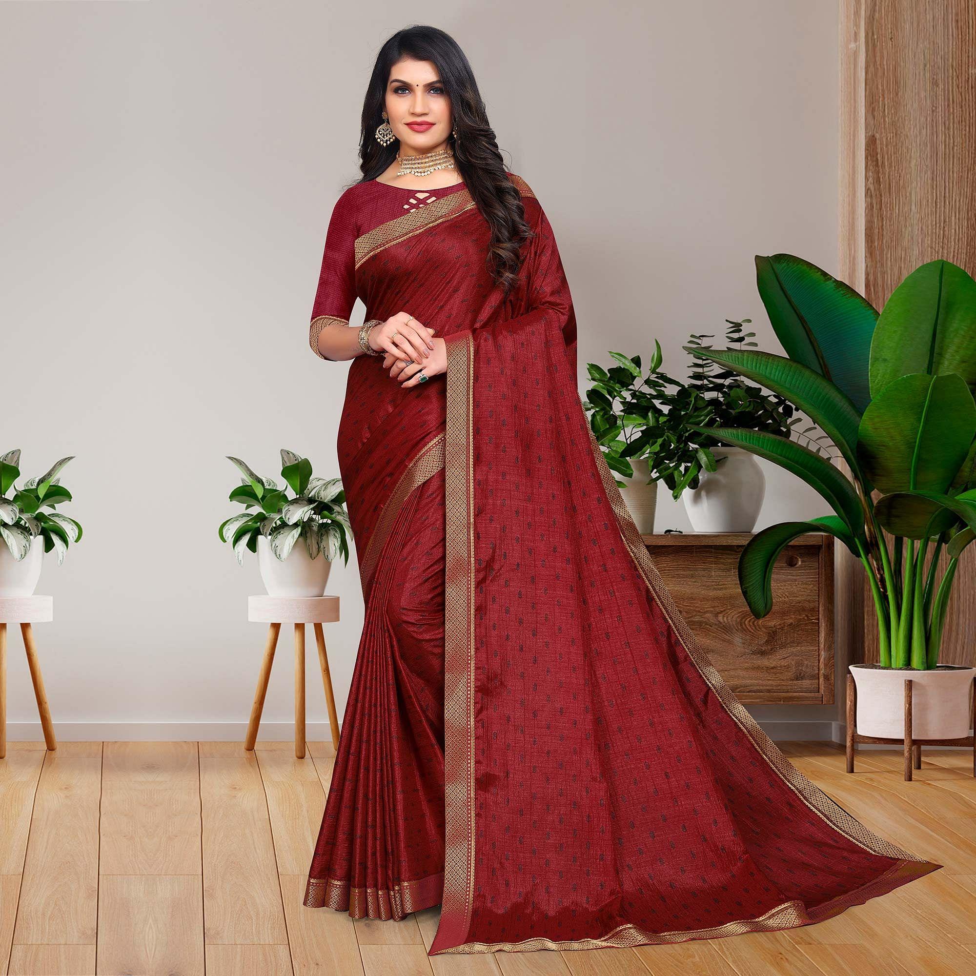 Maroon Casual Wear Printed Vichitra Silk Saree - Peachmode