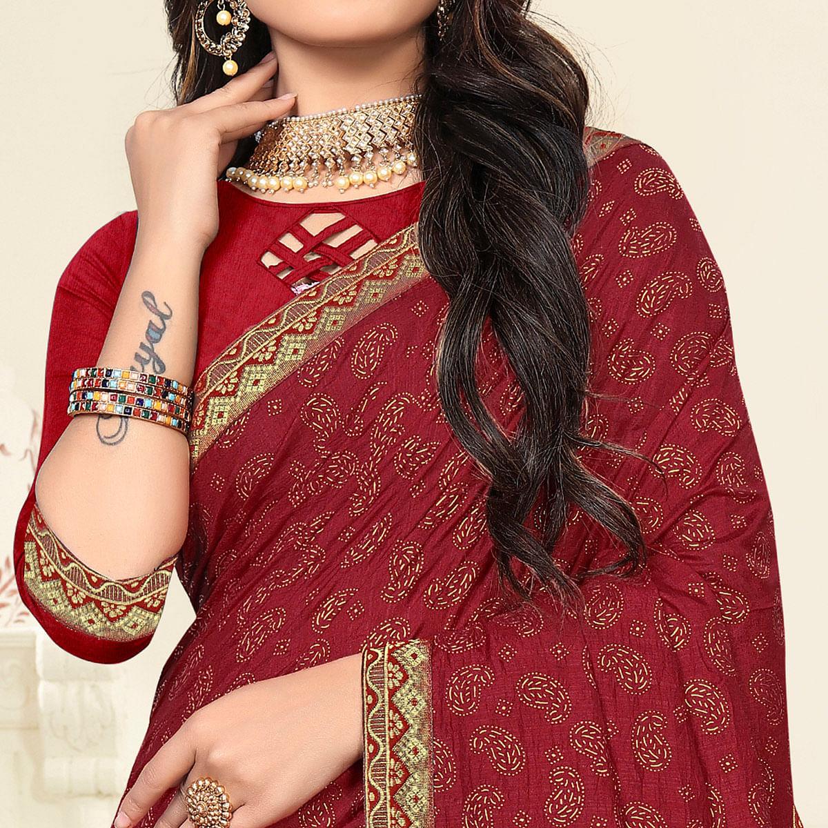 Maroon Casual Wear Printed Vichitra Silk Saree - Peachmode
