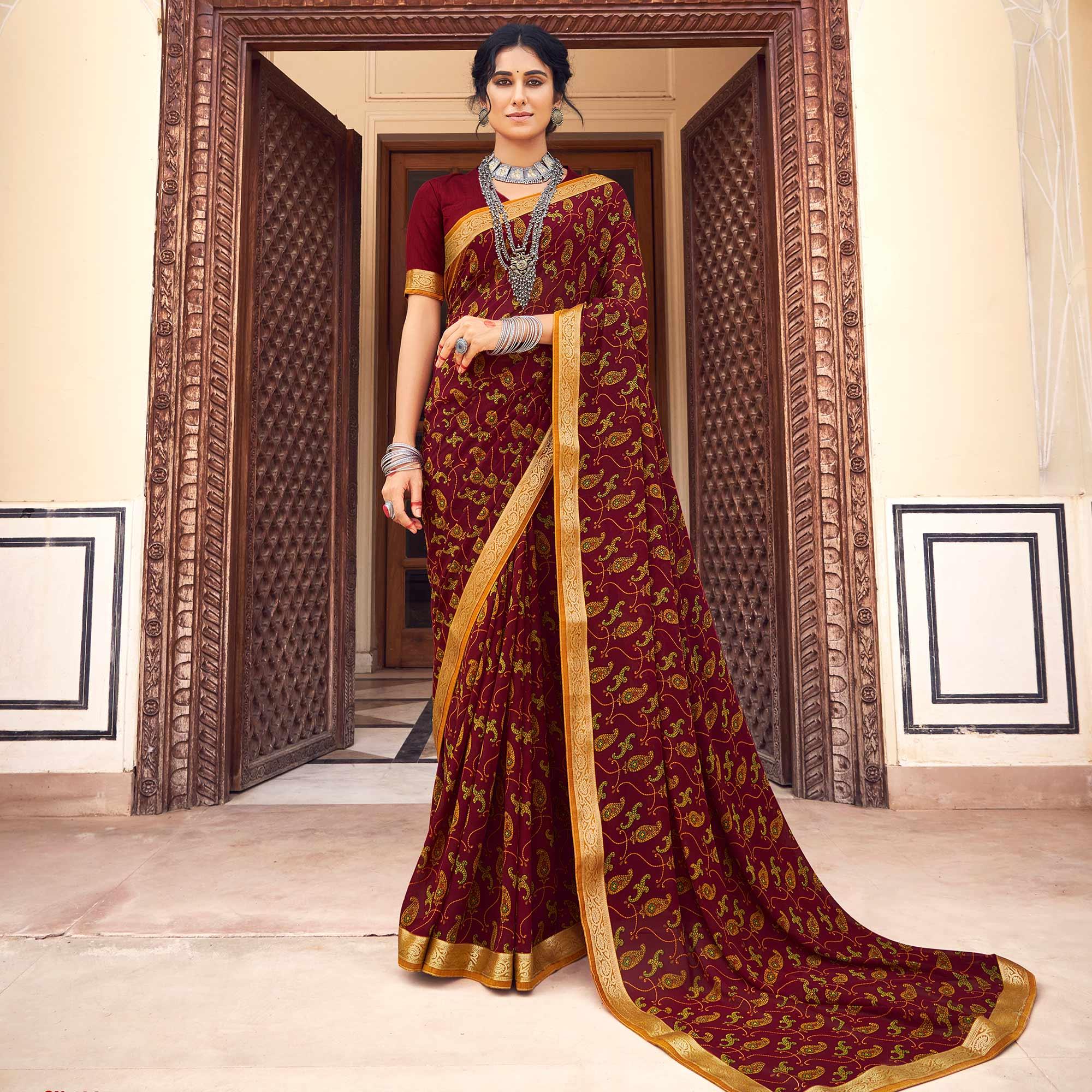 Maroon Casual Wear Printed Weightless Georgette Saree - Peachmode