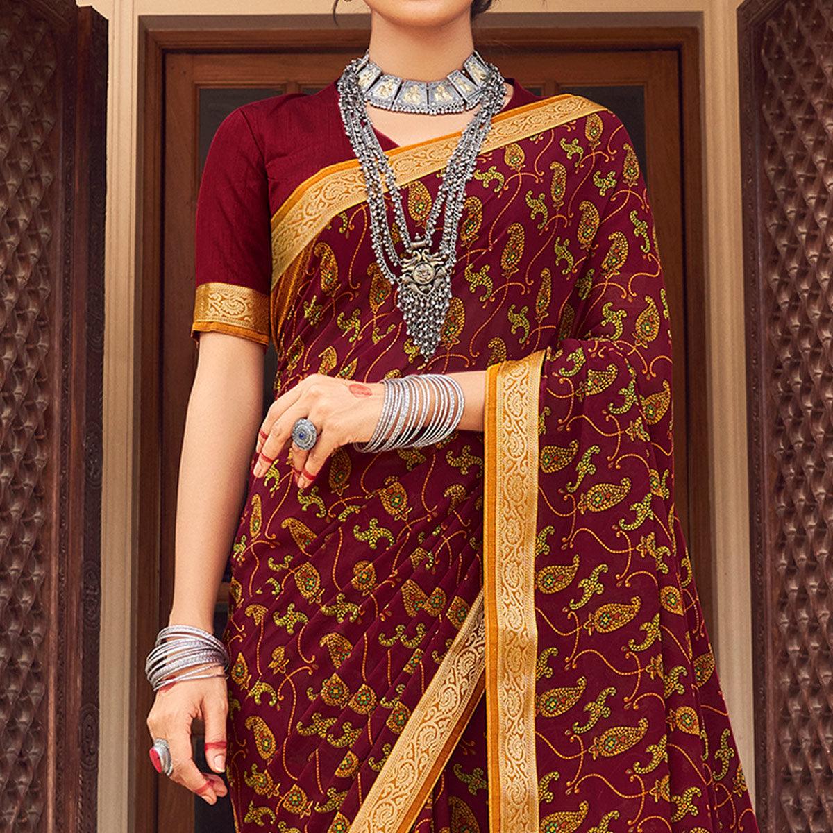 Maroon Casual Wear Printed Weightless Georgette Saree - Peachmode