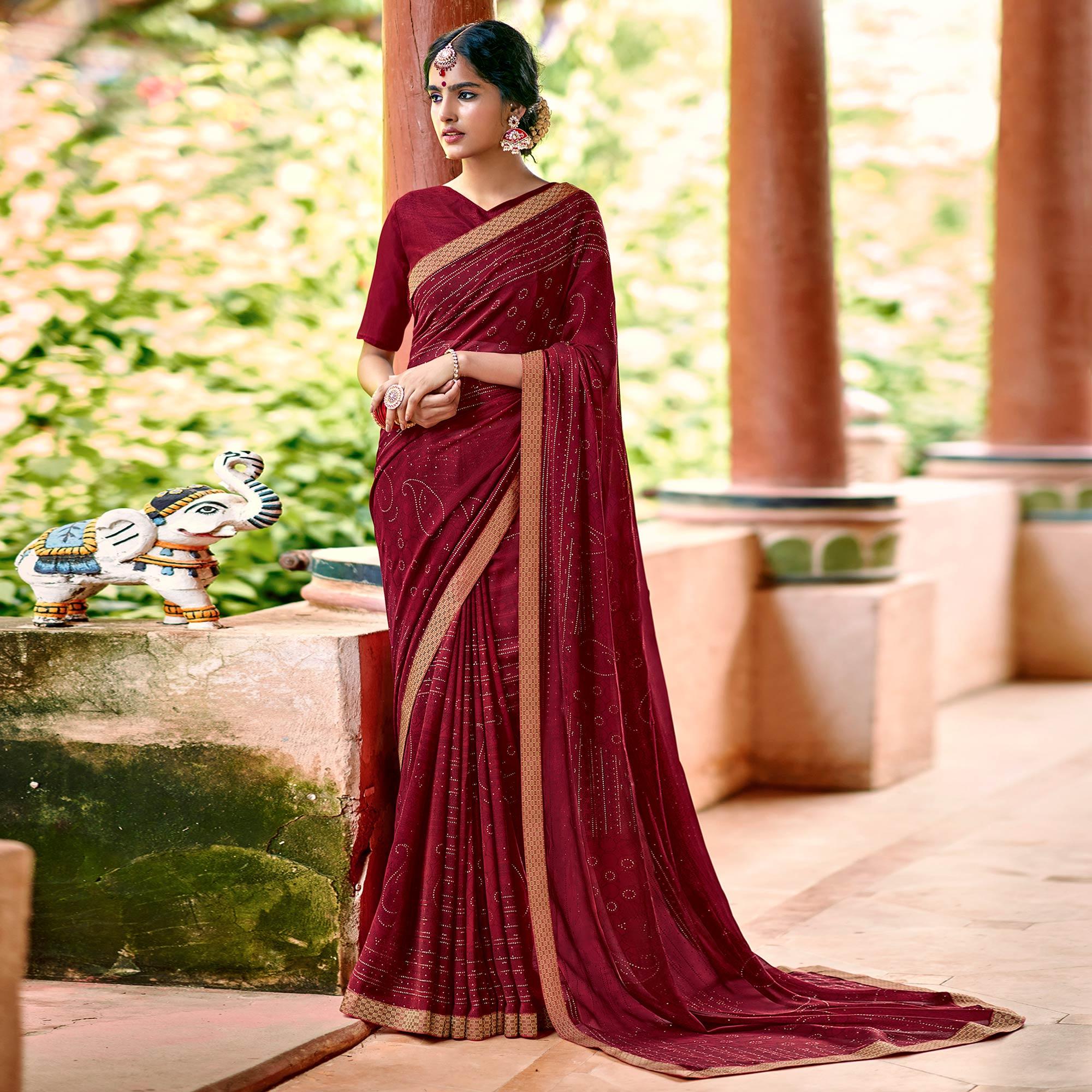 Maroon Casual Wear Printed With Fancy Lace Georgette Saree - Peachmode
