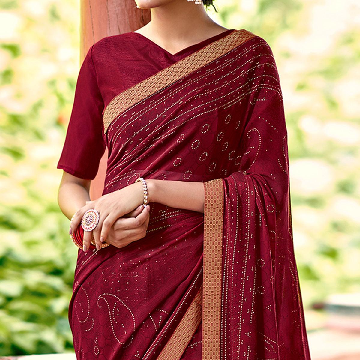 Maroon Casual Wear Printed With Fancy Lace Georgette Saree - Peachmode