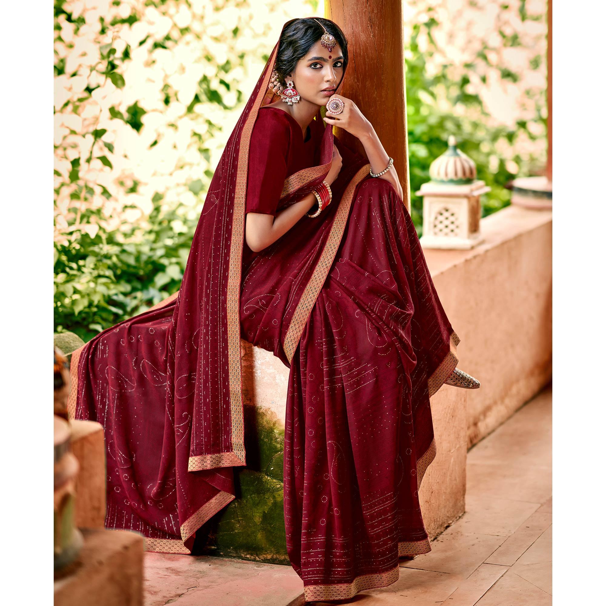 Maroon Casual Wear Printed With Fancy Lace Georgette Saree - Peachmode