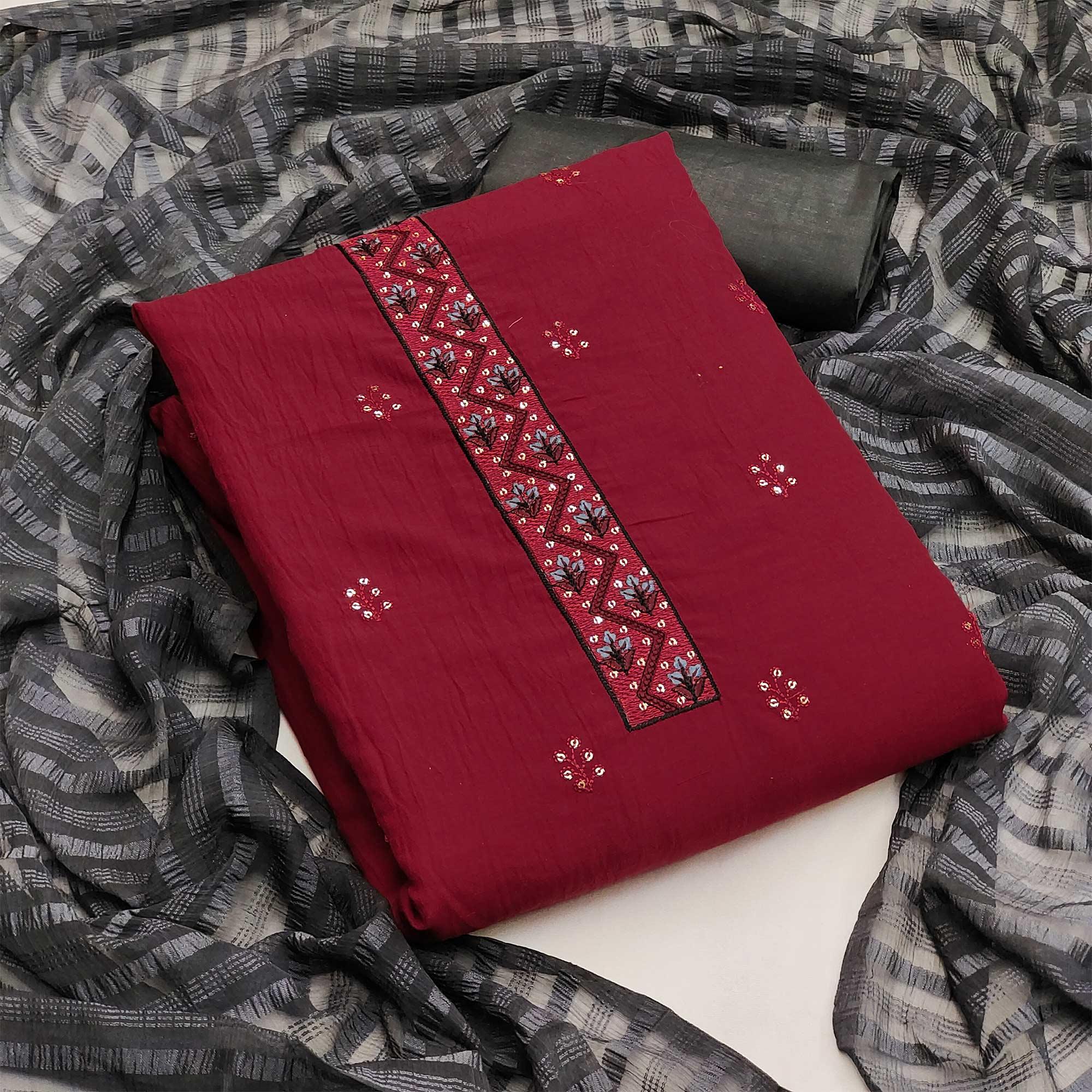 Maroon Casual Wear Sequence Embroidered Chinon Silk Dress Material - Peachmode