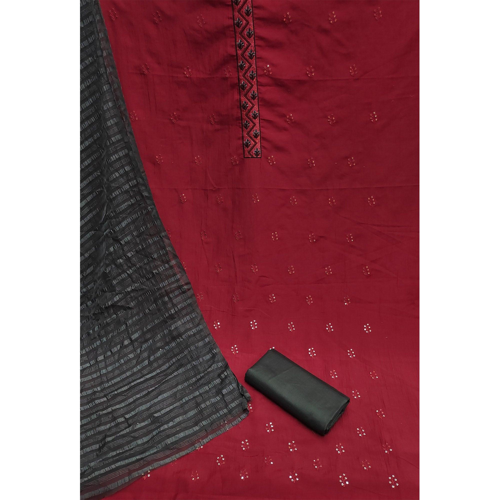 Maroon Casual Wear Sequence Embroidered Chinon Silk Dress Material - Peachmode
