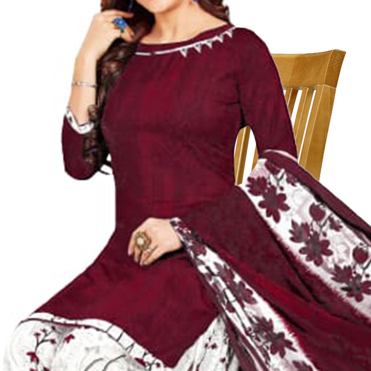 Maroon Casual Wear Solid-Printed Leon Patiala Dress Material - Peachmode