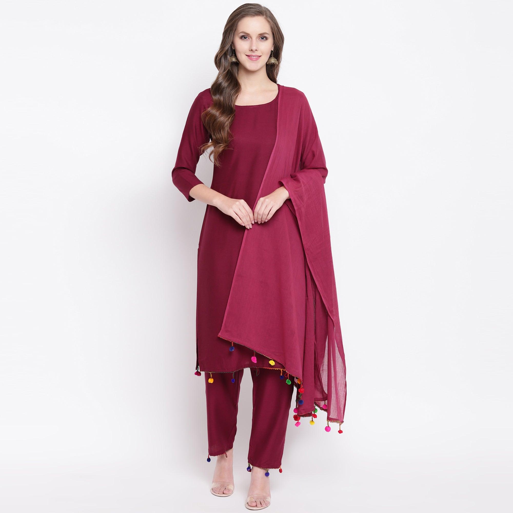 Maroon Casual Wear Solid Rayon Suit - Peachmode