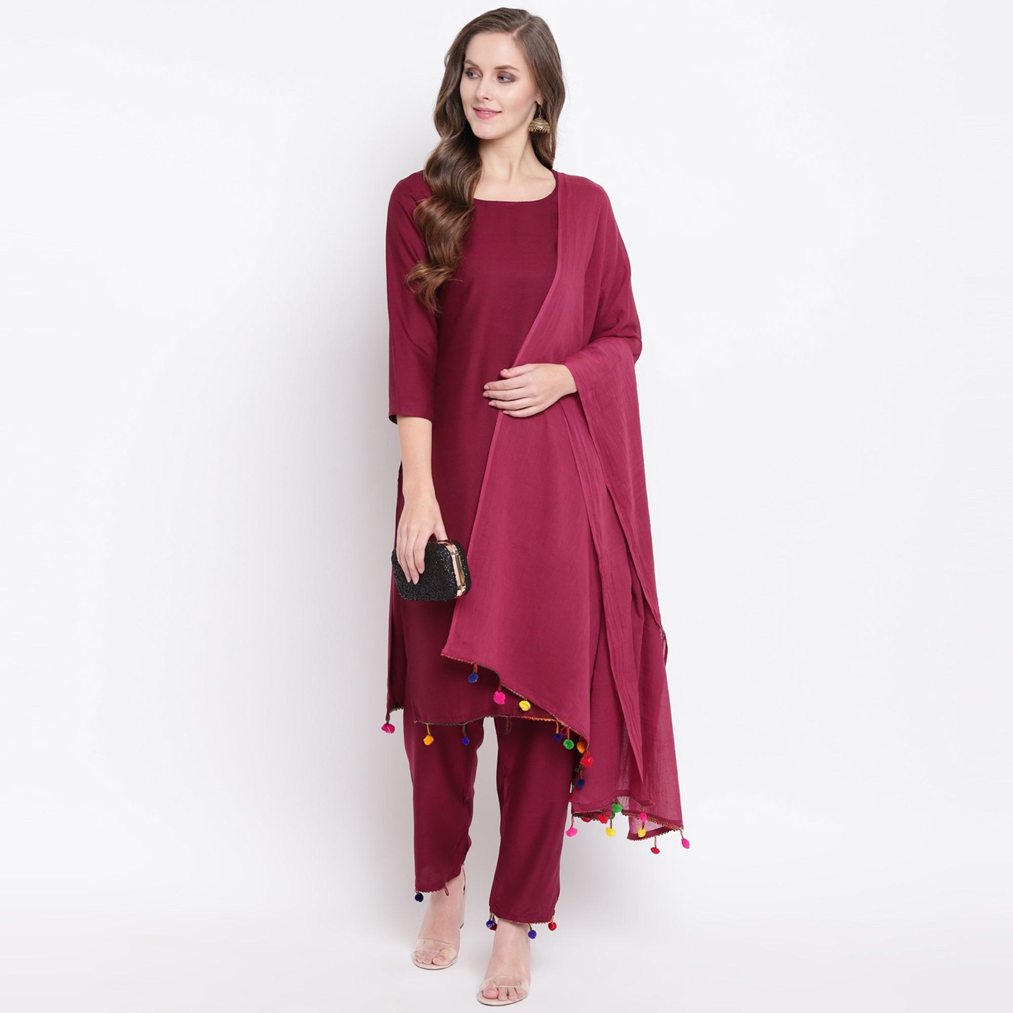 Maroon Casual Wear Solid Rayon Suit - Peachmode