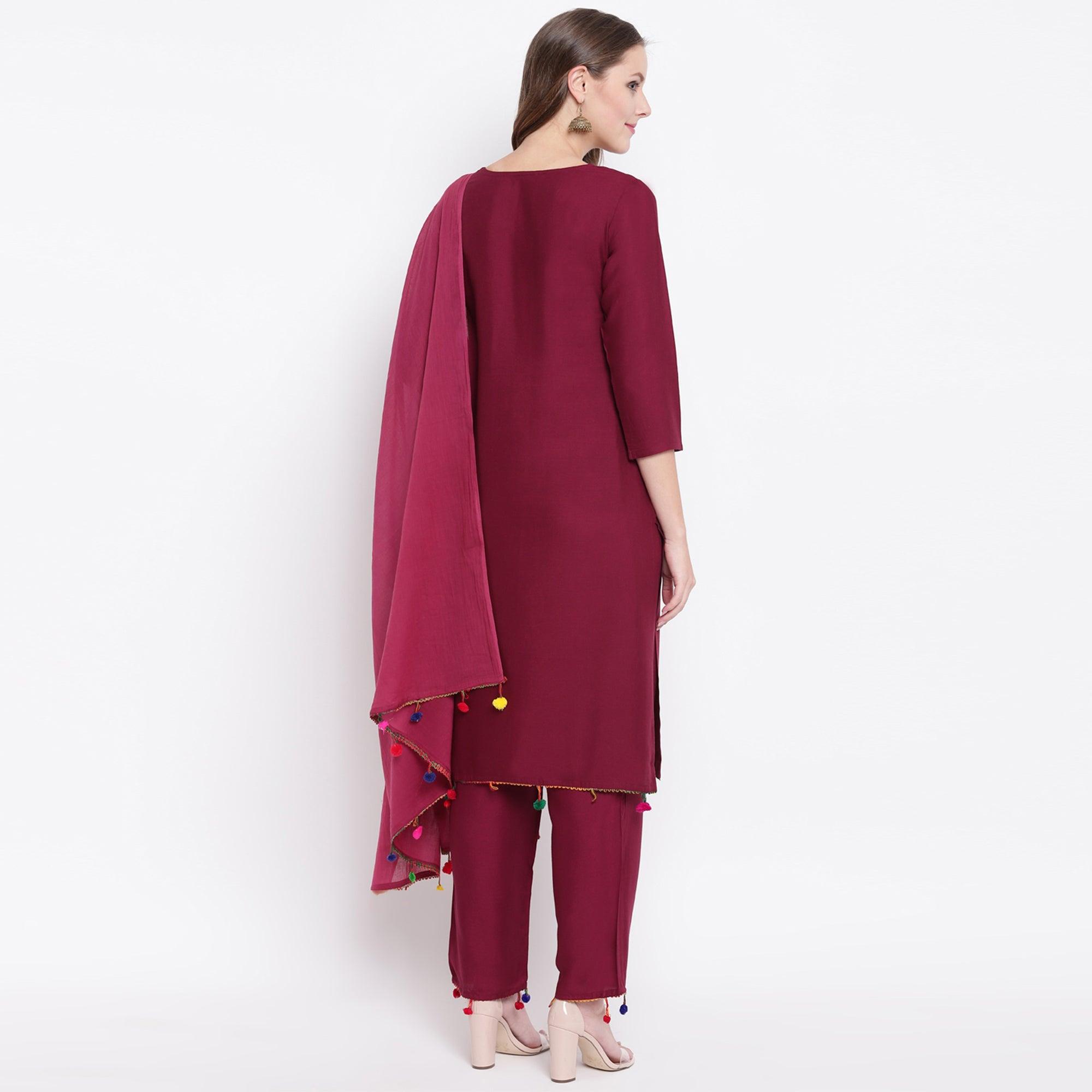 Maroon Casual Wear Solid Rayon Suit - Peachmode