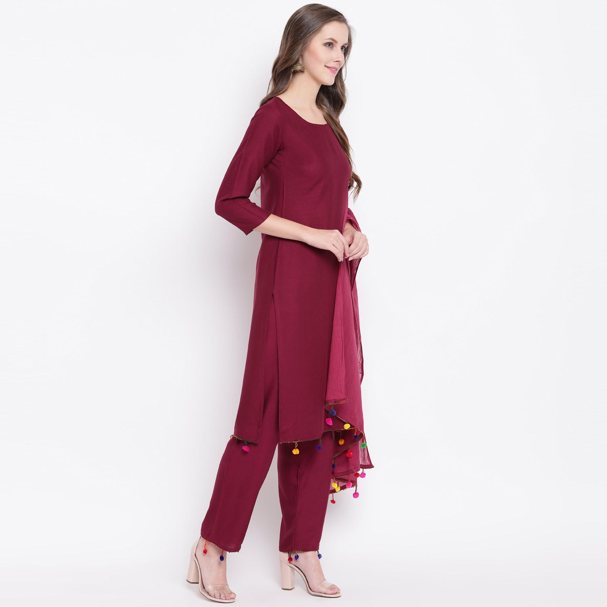 Maroon Casual Wear Solid Rayon Suit - Peachmode