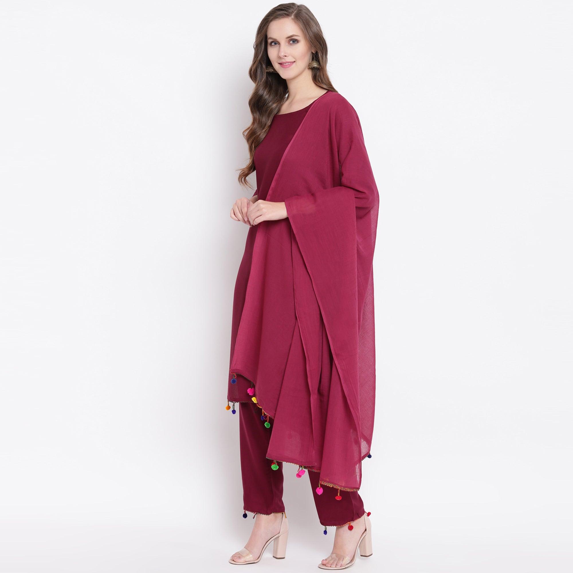 Maroon Casual Wear Solid Rayon Suit - Peachmode