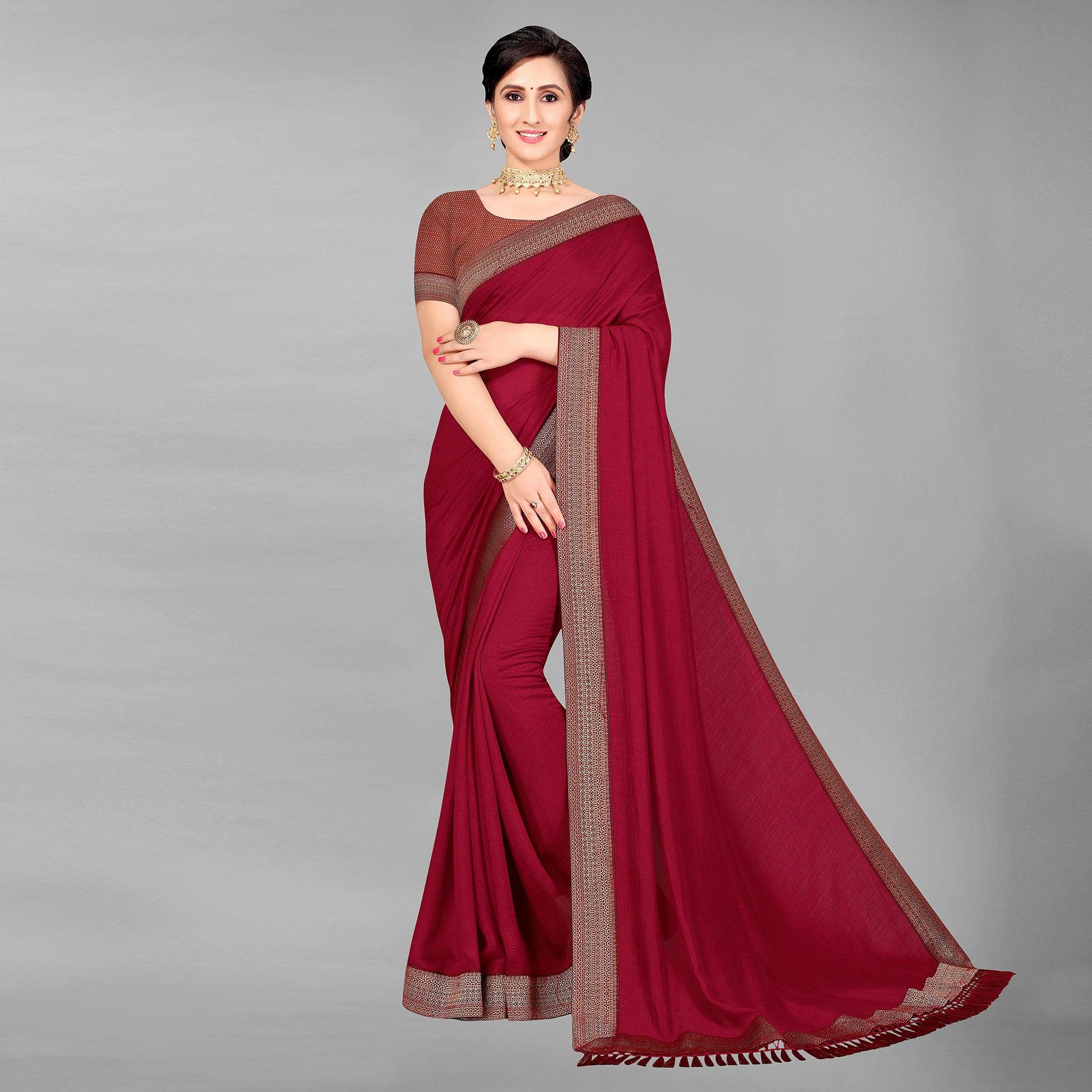 Maroon Casual Wear Solid Silk Saree - Peachmode