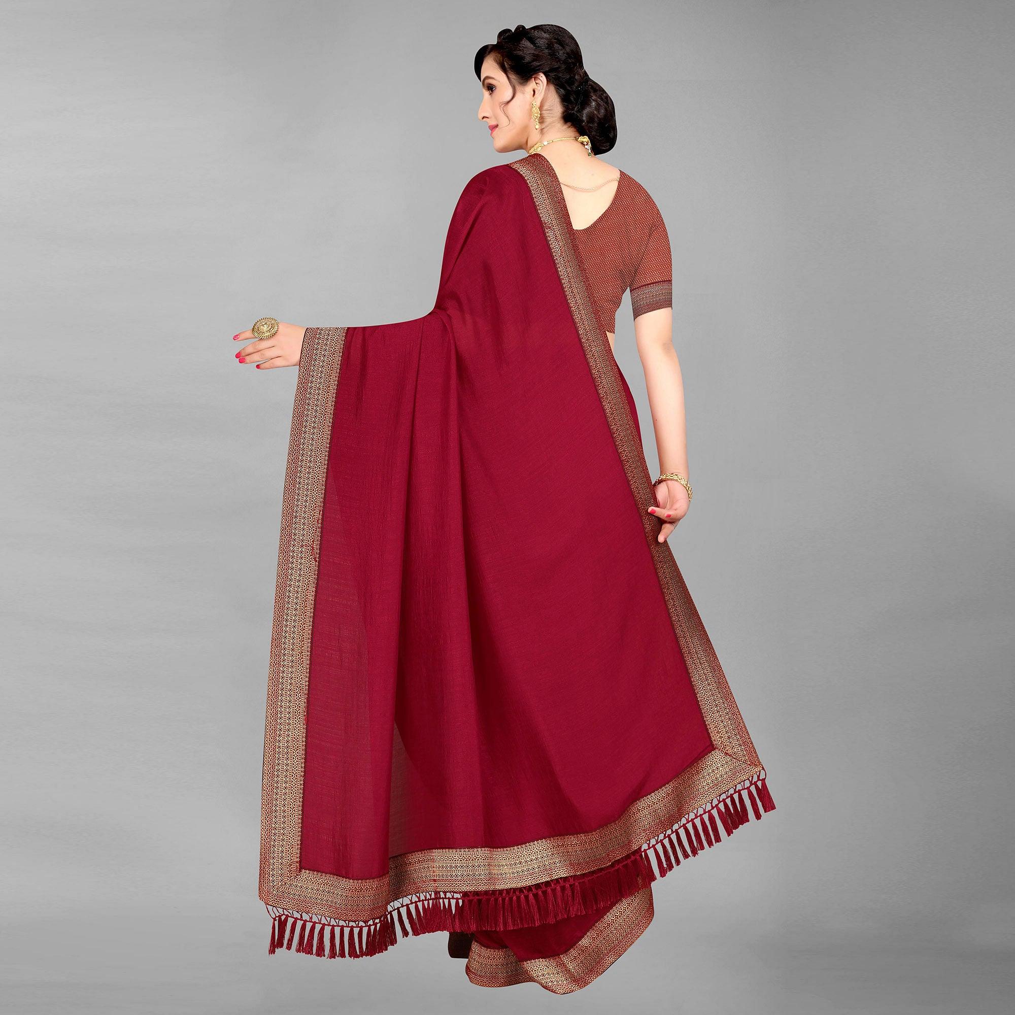 Maroon Casual Wear Solid Silk Saree - Peachmode