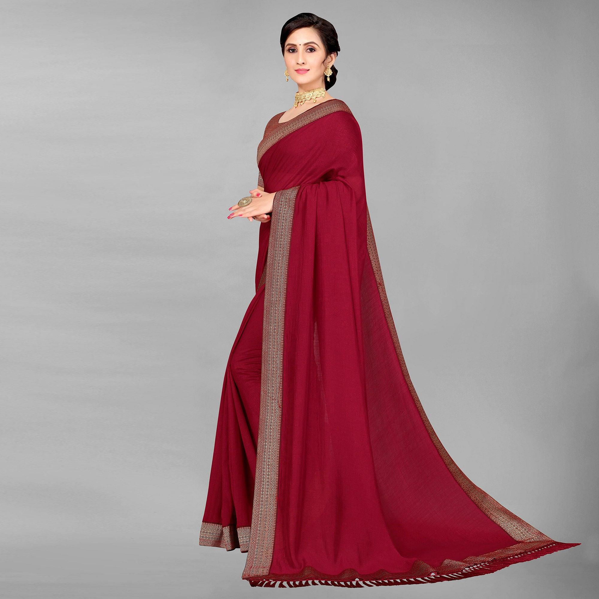 Maroon Casual Wear Solid Silk Saree - Peachmode