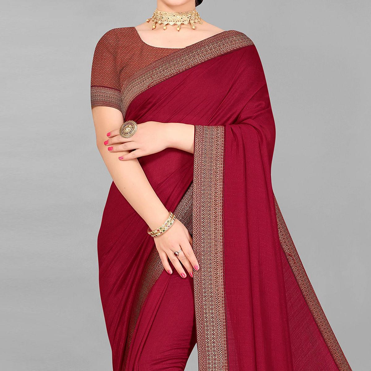 Maroon Casual Wear Solid Silk Saree - Peachmode