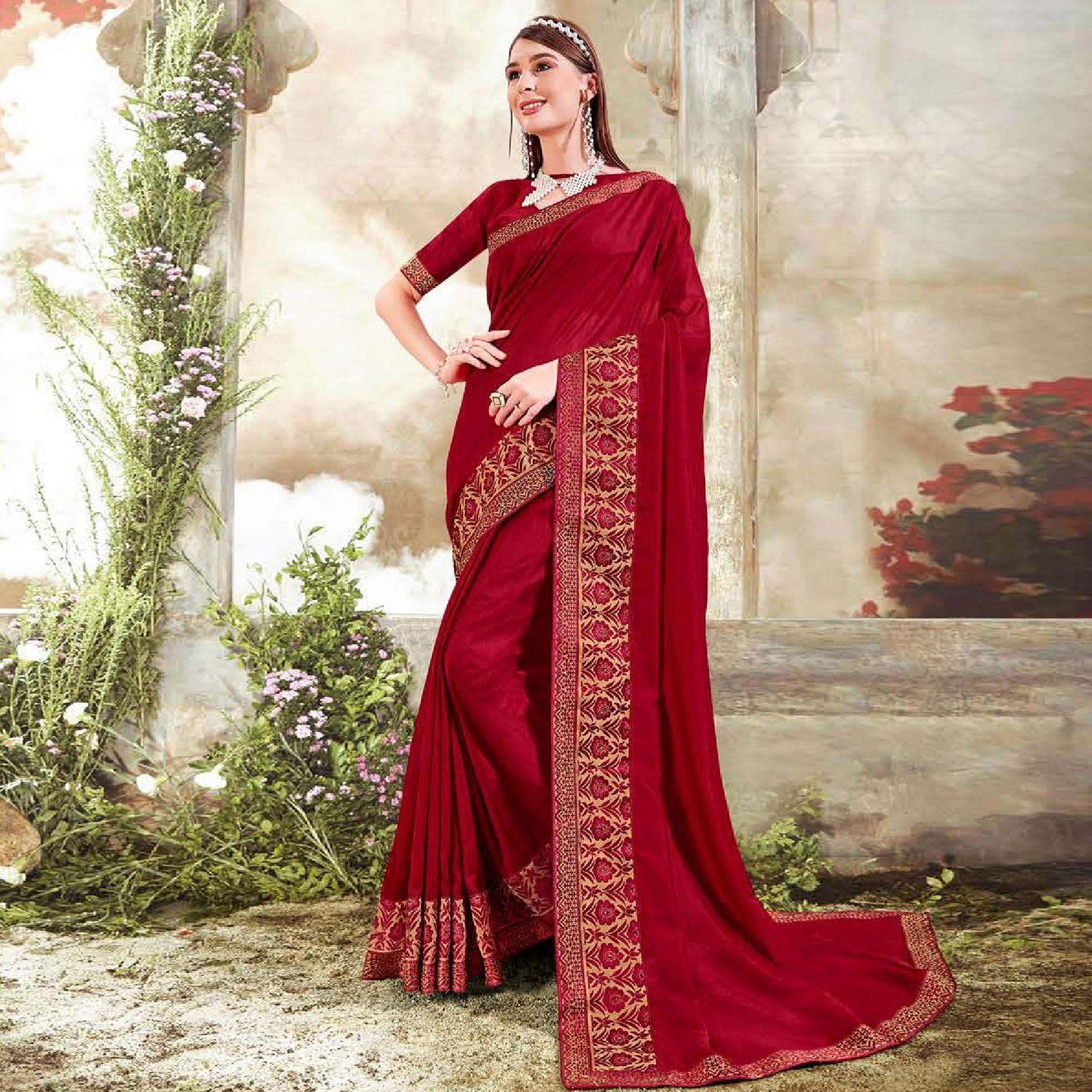 Maroon Casual Wear Solid Silk Saree With Fancy Border - Peachmode